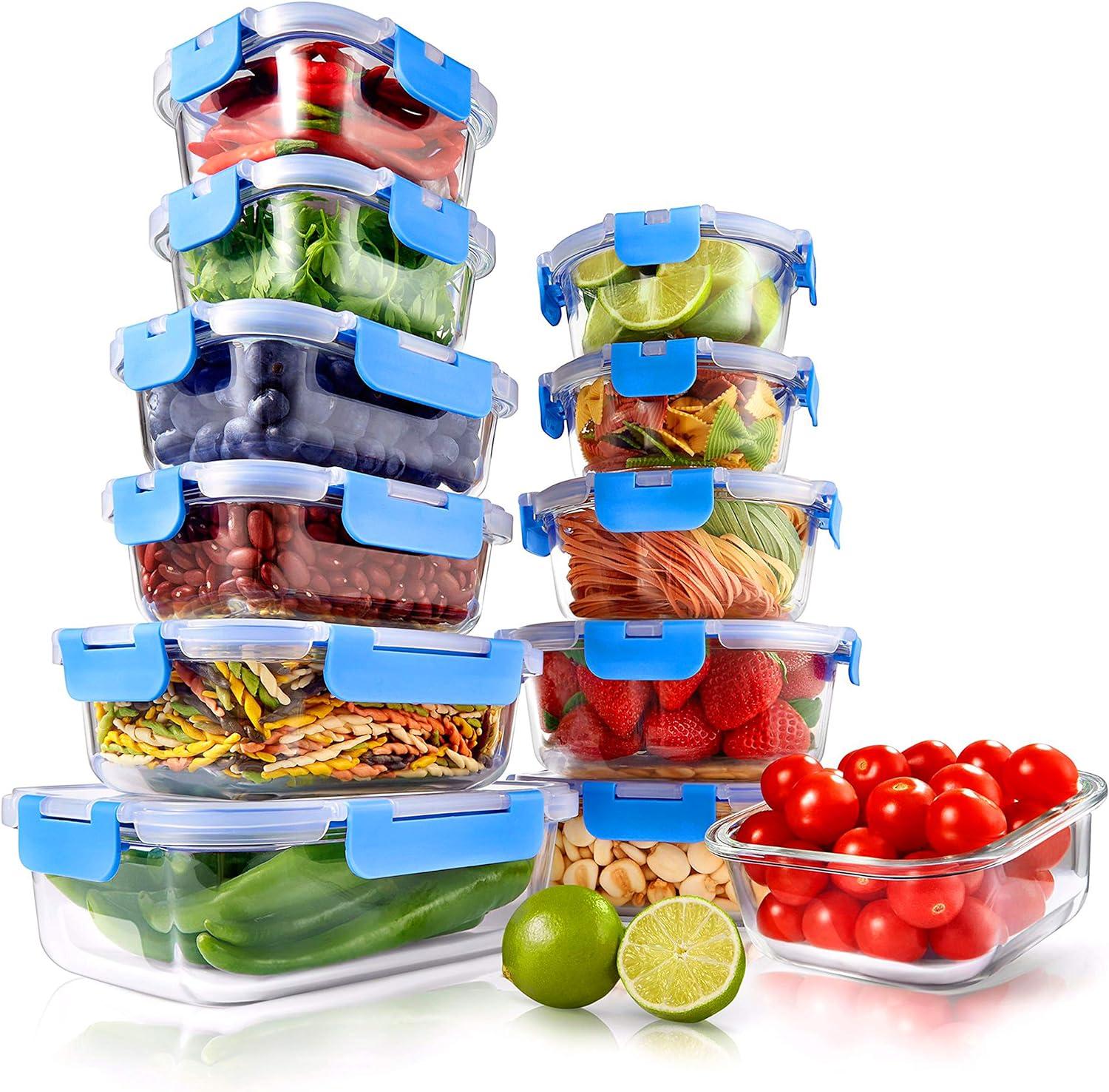 24-Piece Blue Glass Food Storage Container Set with Locking Lids