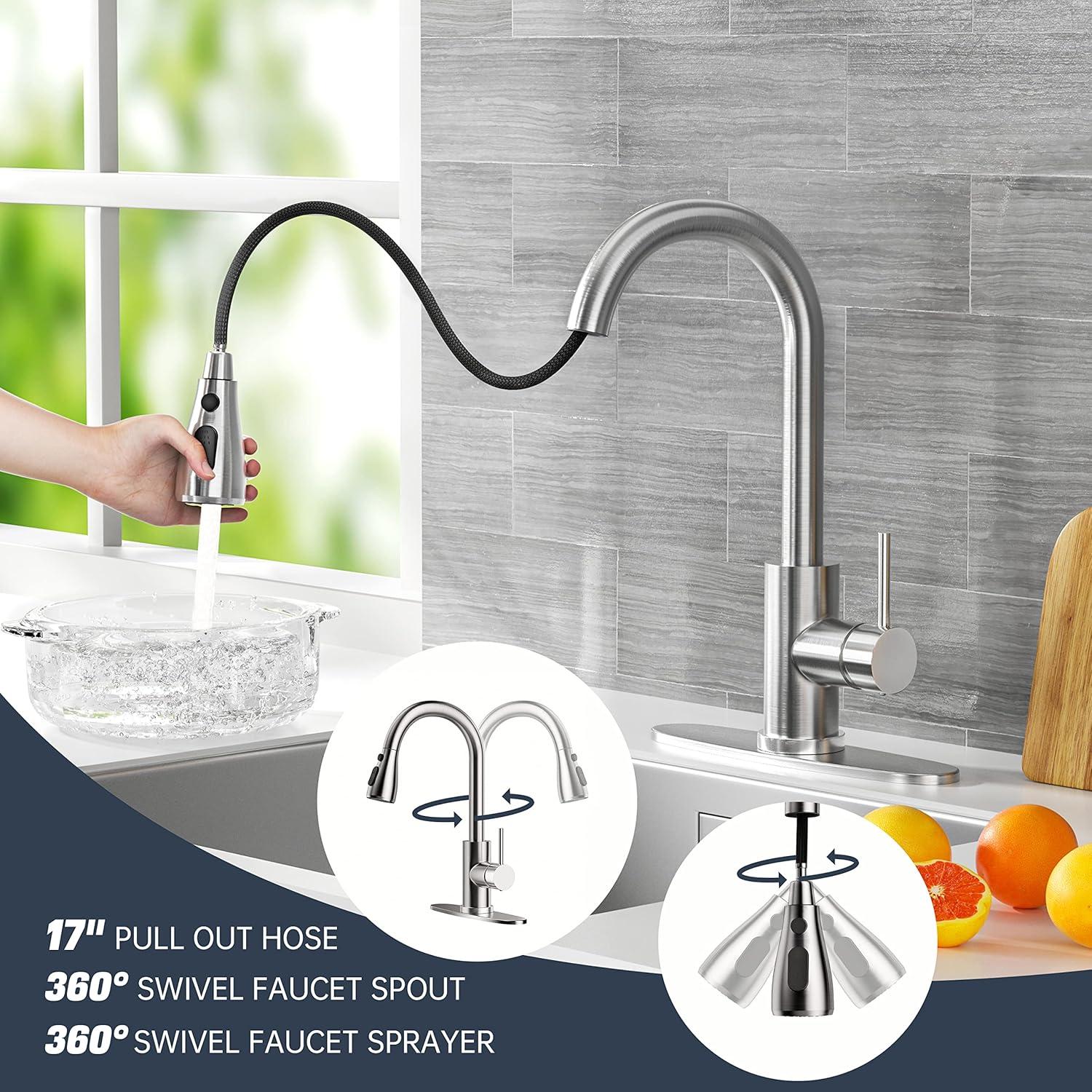 Kitchen Faucet With Pull-Down Spray Single Handle High Arc ,Stainless Steel Brushed Nickel