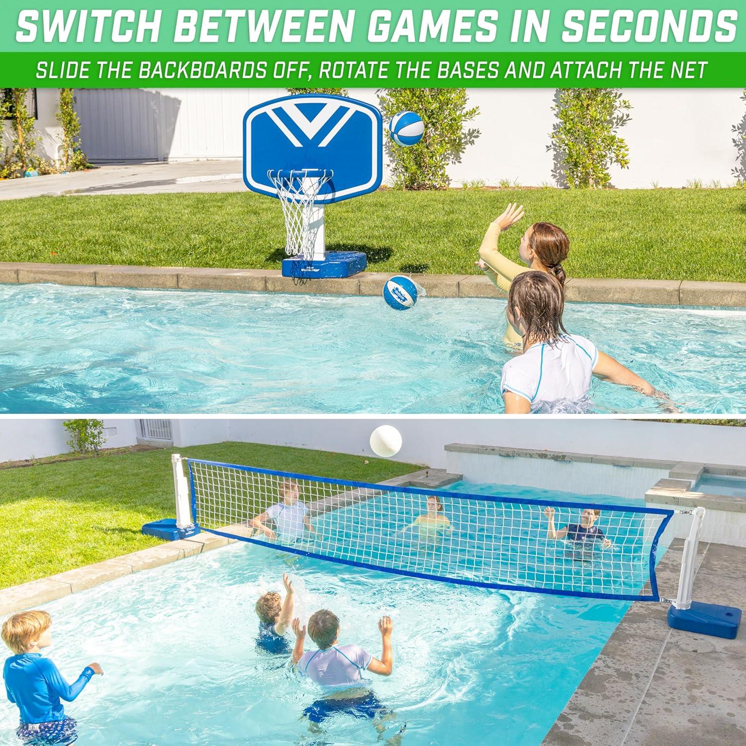 GoSports Splash Hoop 2-in-1 Pool Basketball Hoop & Volleyball Net Game Set