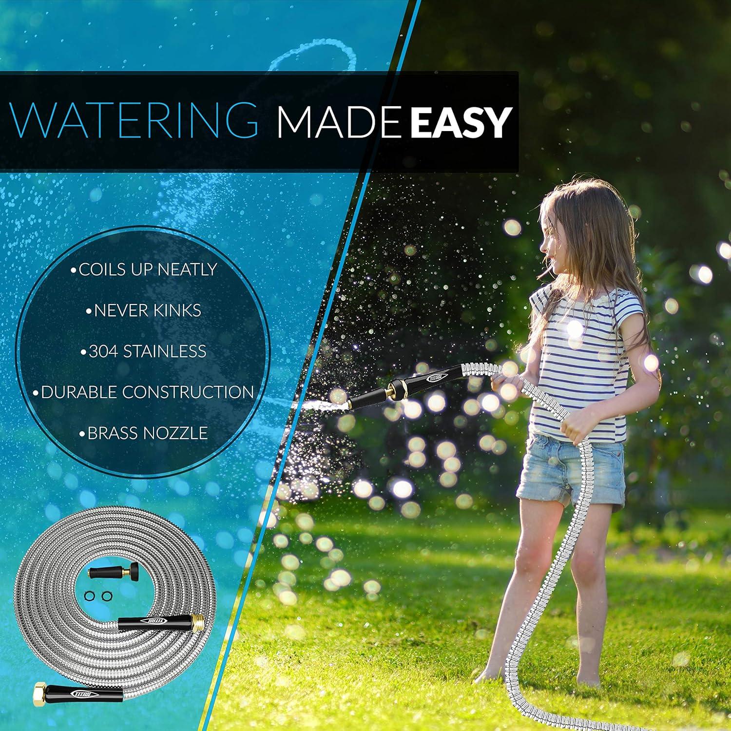 TITAN Garden Hose 100FT - 304 Stainless Steel Metal Water Hose, Flexible, Kink-Free, Lightweight, Durable, Crush Resistant Fittings, Easy to Coil, 500 PSI