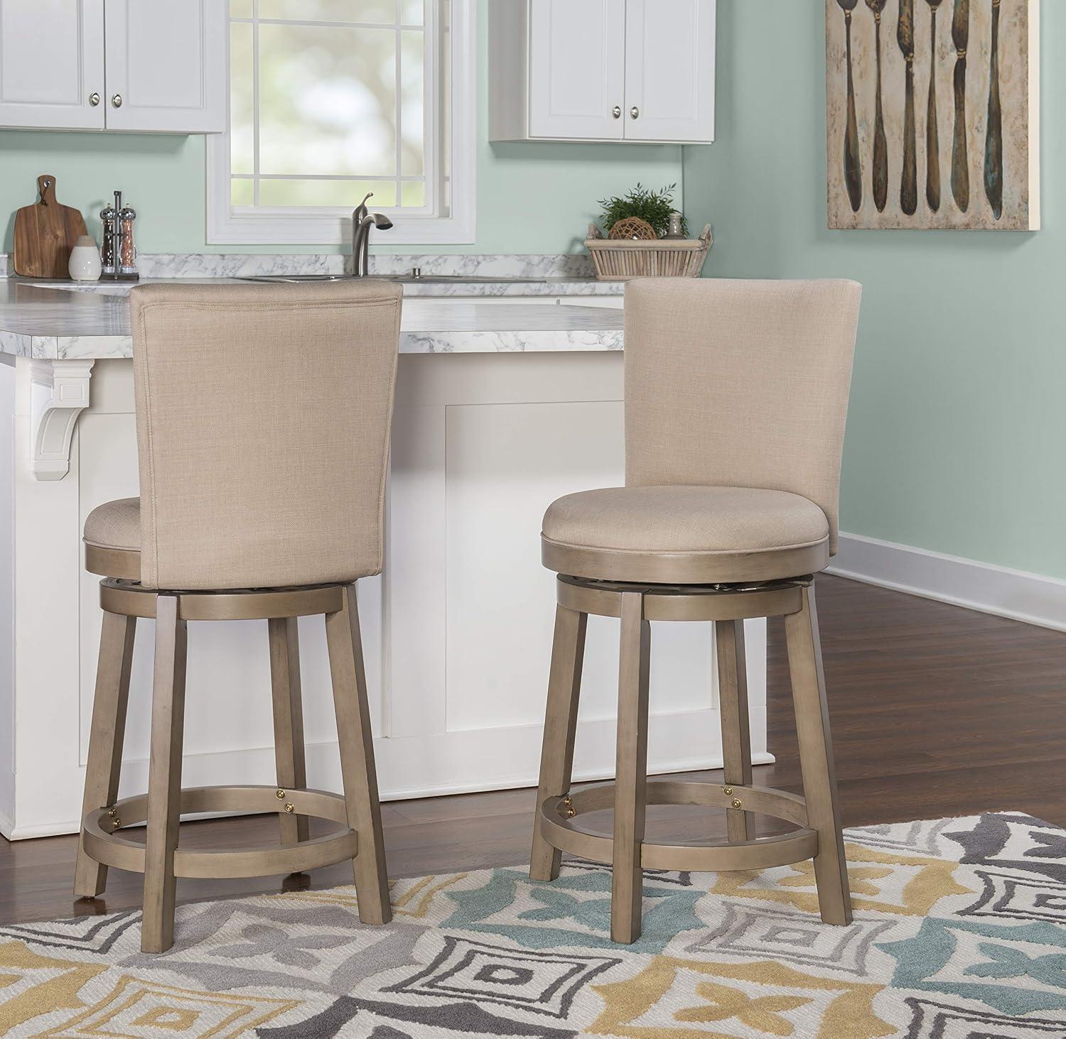 Elegant Rustic Taupe 26" Rubberwood Counter Stool with Linen Upholstery