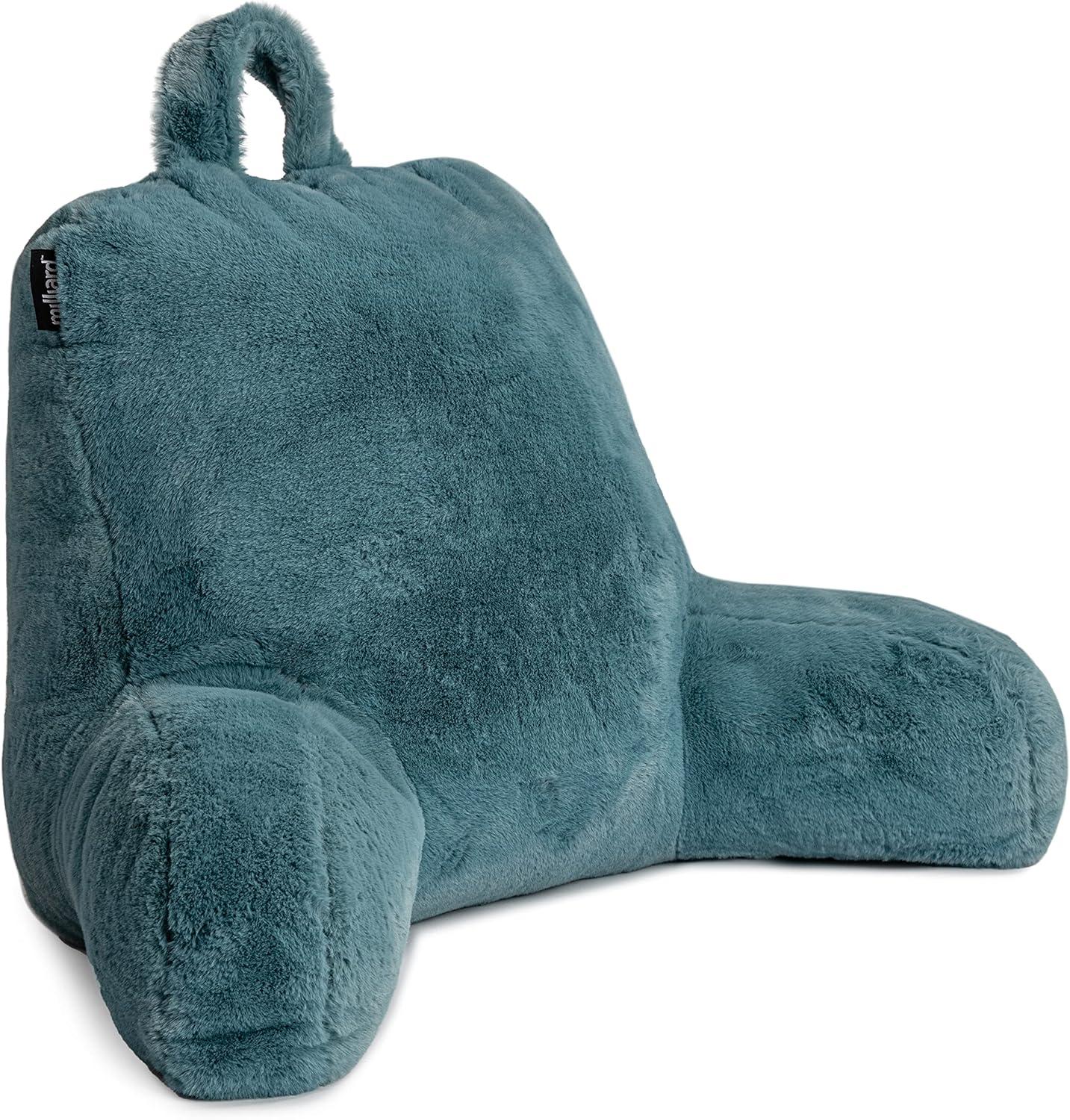 Blue Faux Fur Memory Foam Reading Pillow with Armrests