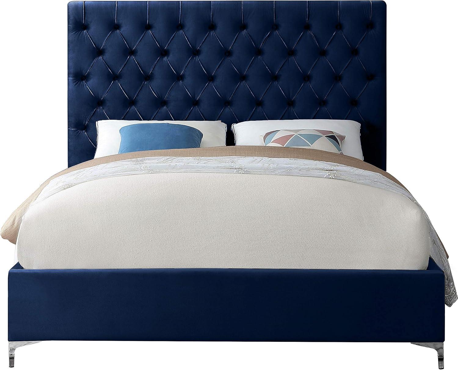 Meridian Furniture Cruz Solid Wood Tufted Velvet Queen Bed in Navy