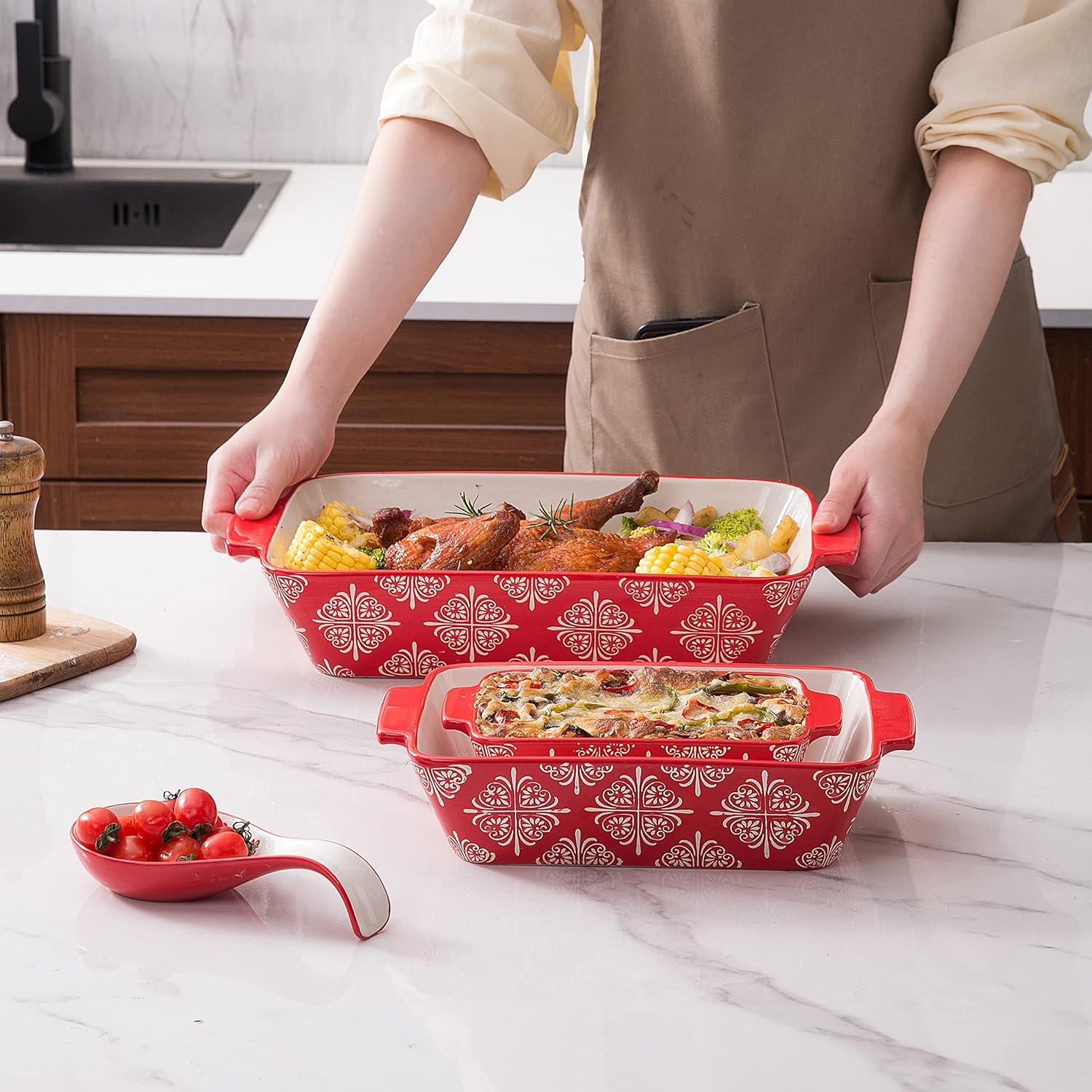 SWEEJAR Rectangular Ceramic Bakeware Set, Non-Stick Roasting Pan with Handles Baking Dishes,Casserole Pans for Cake Dinner, Set of 3 - Red