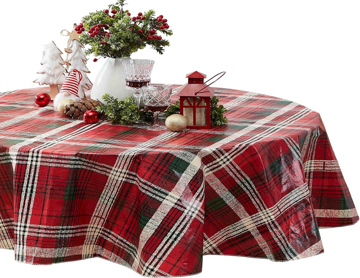 Oval Red and Green Plaid Vinyl Holiday Tablecloth, 60" x 84"