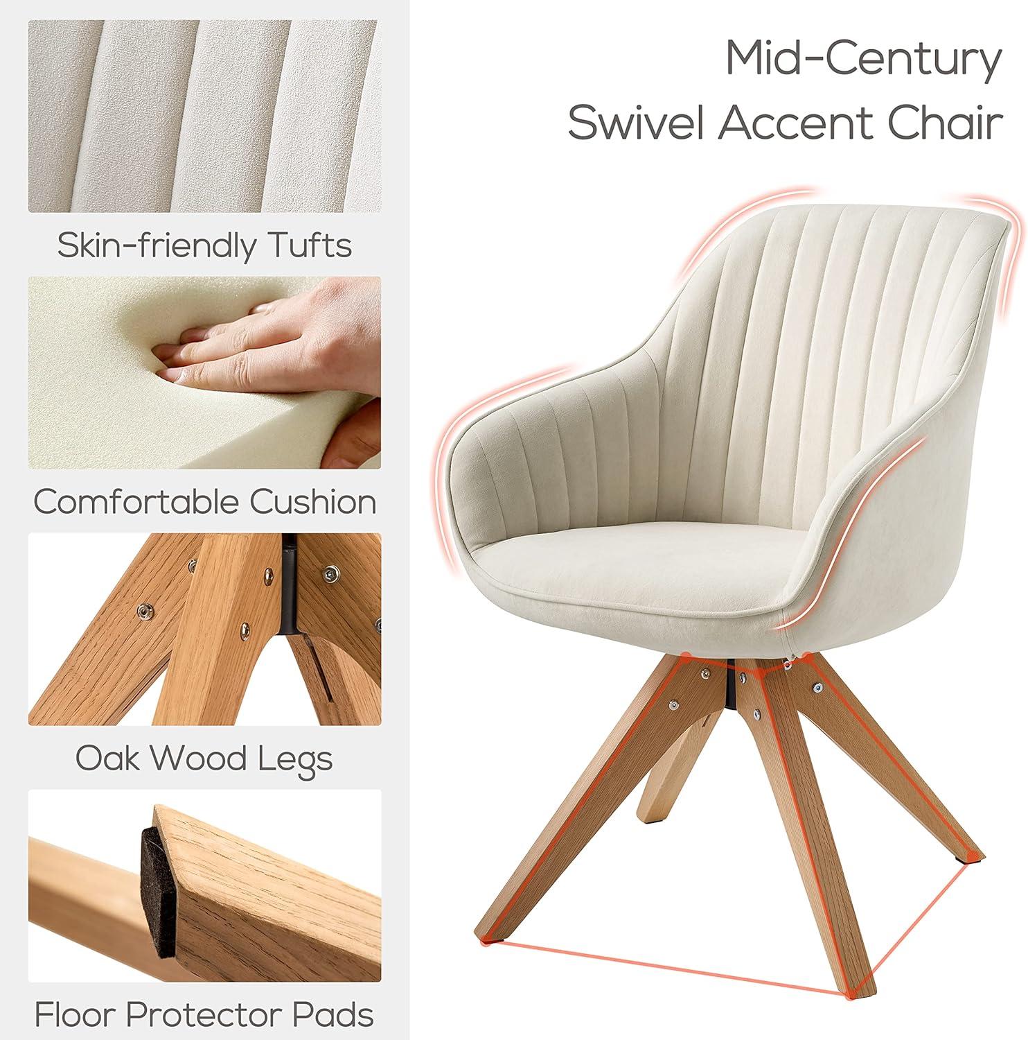 Off-White Fabric and Wood Swivel Accent Chair