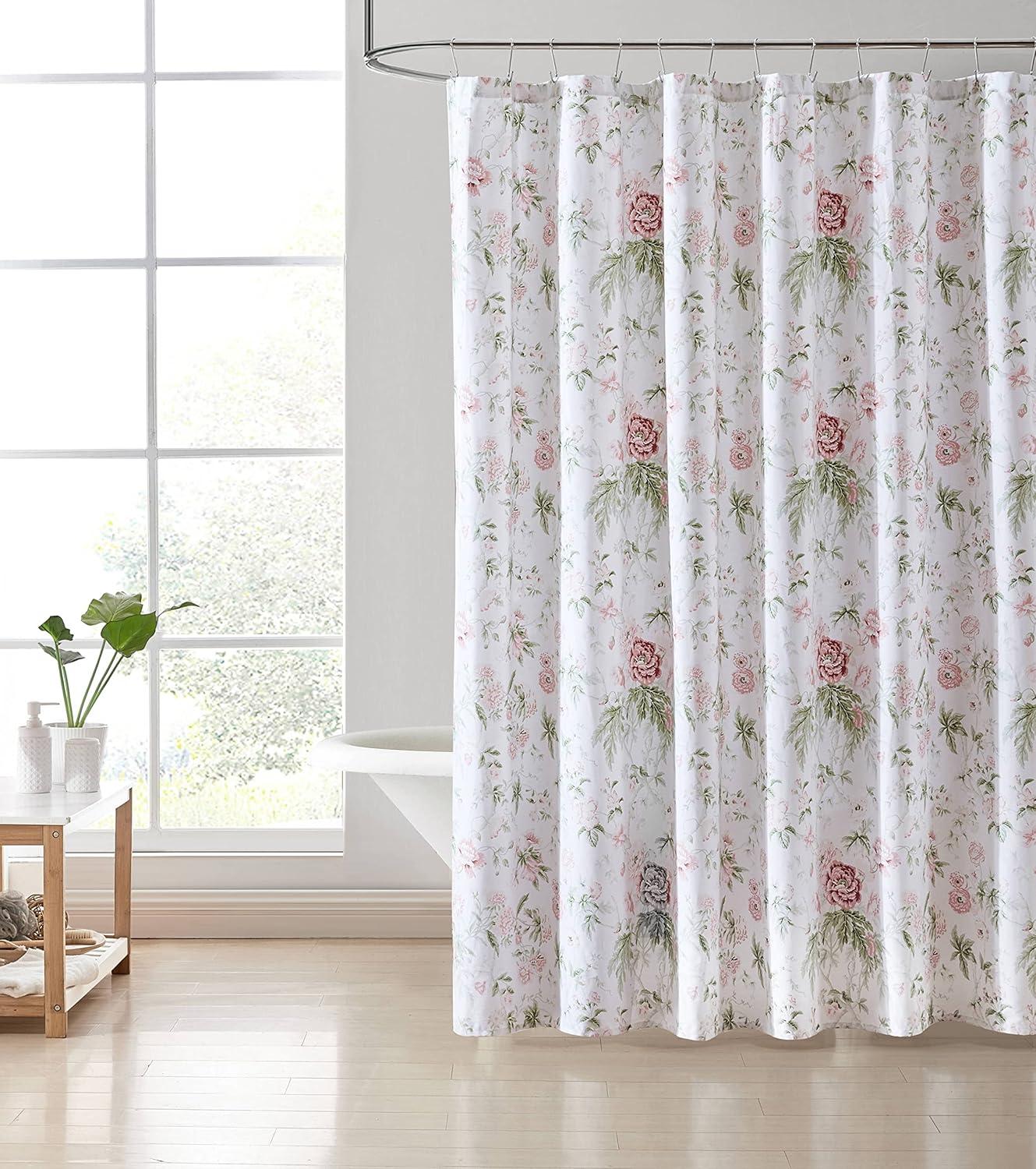 Breezy Floral Pink Cotton Hookless Shower Curtain