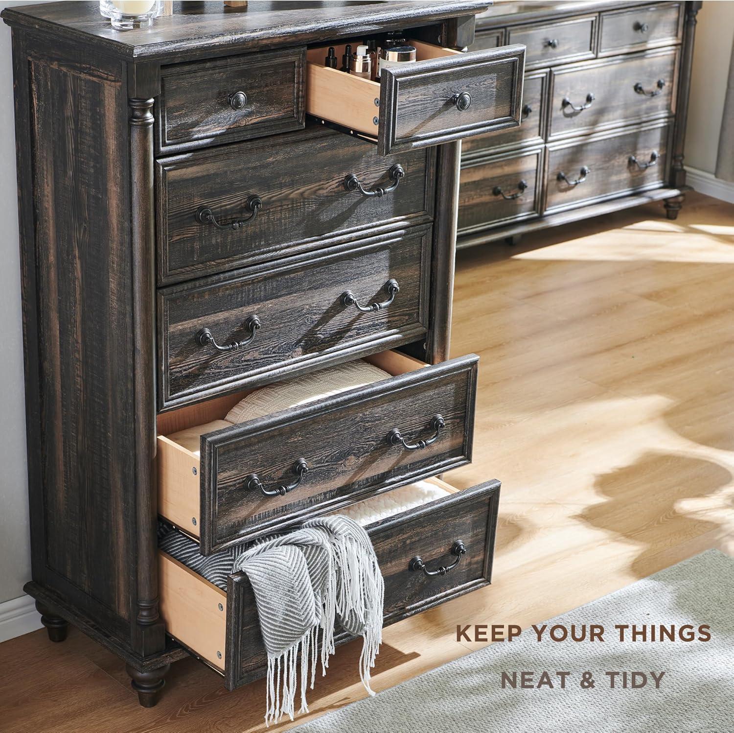 Dark Rustic Oak 6-Drawer Solid Wood Dresser Chest