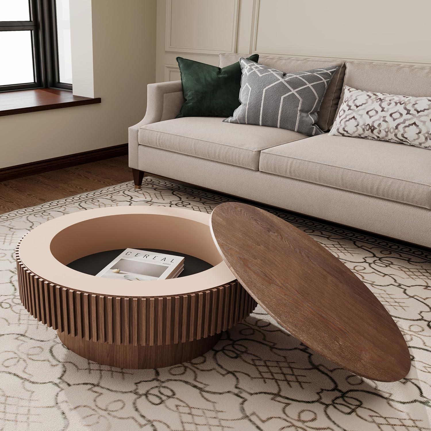 31.5" Round Wood Coffee Table with Storage - Modern Drum Circle Fluted Side Table for Apartment, Office - Easy Assembly, Walnut