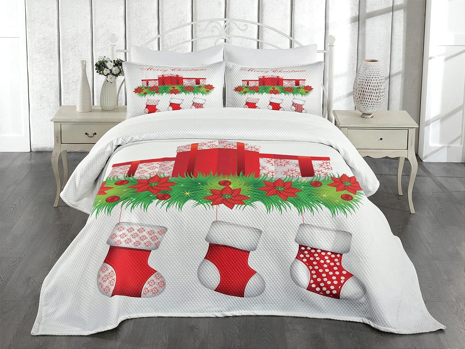 Ambesonne Christmas Bedspread Set Hanging Stockings Red Emerald White