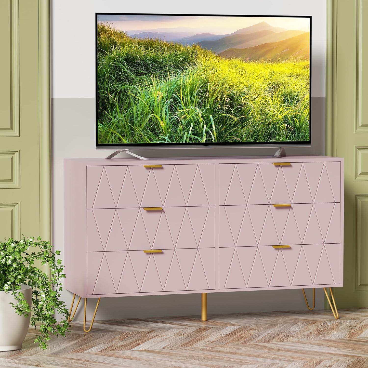 Large Pink Modern 6-Drawer Dresser with Gold Handles