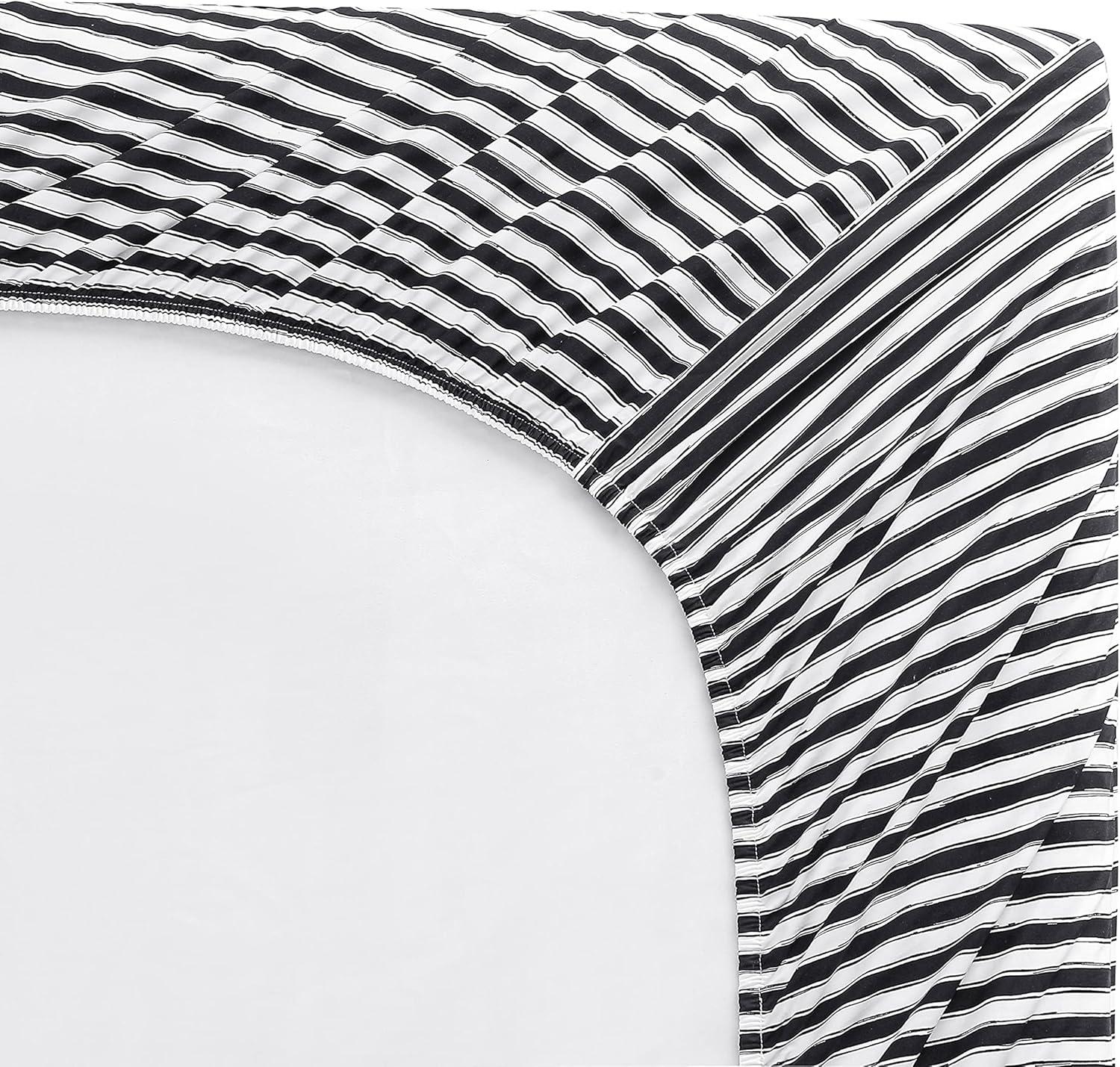 Twin White and Black Striped Cotton Percale Sheet Set