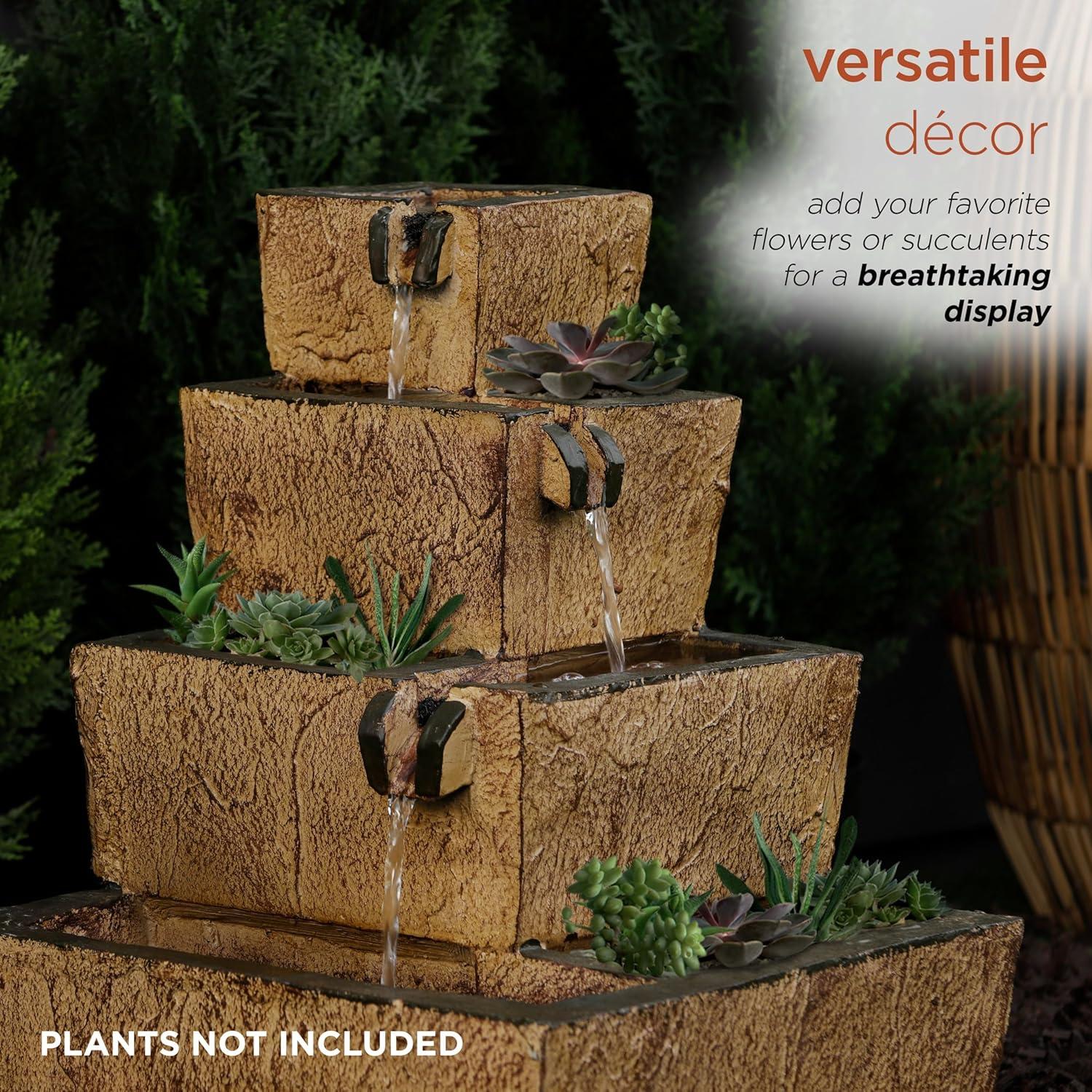 Rustic Brown Solar-Powered Tiered Fountain with LED Lights