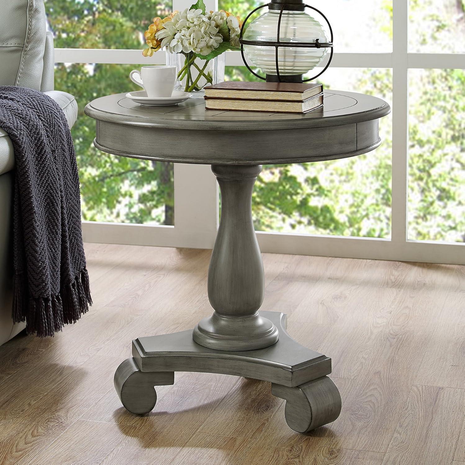 Roundhill Furniture Rene Round Wood Pedestal End Table in Gray