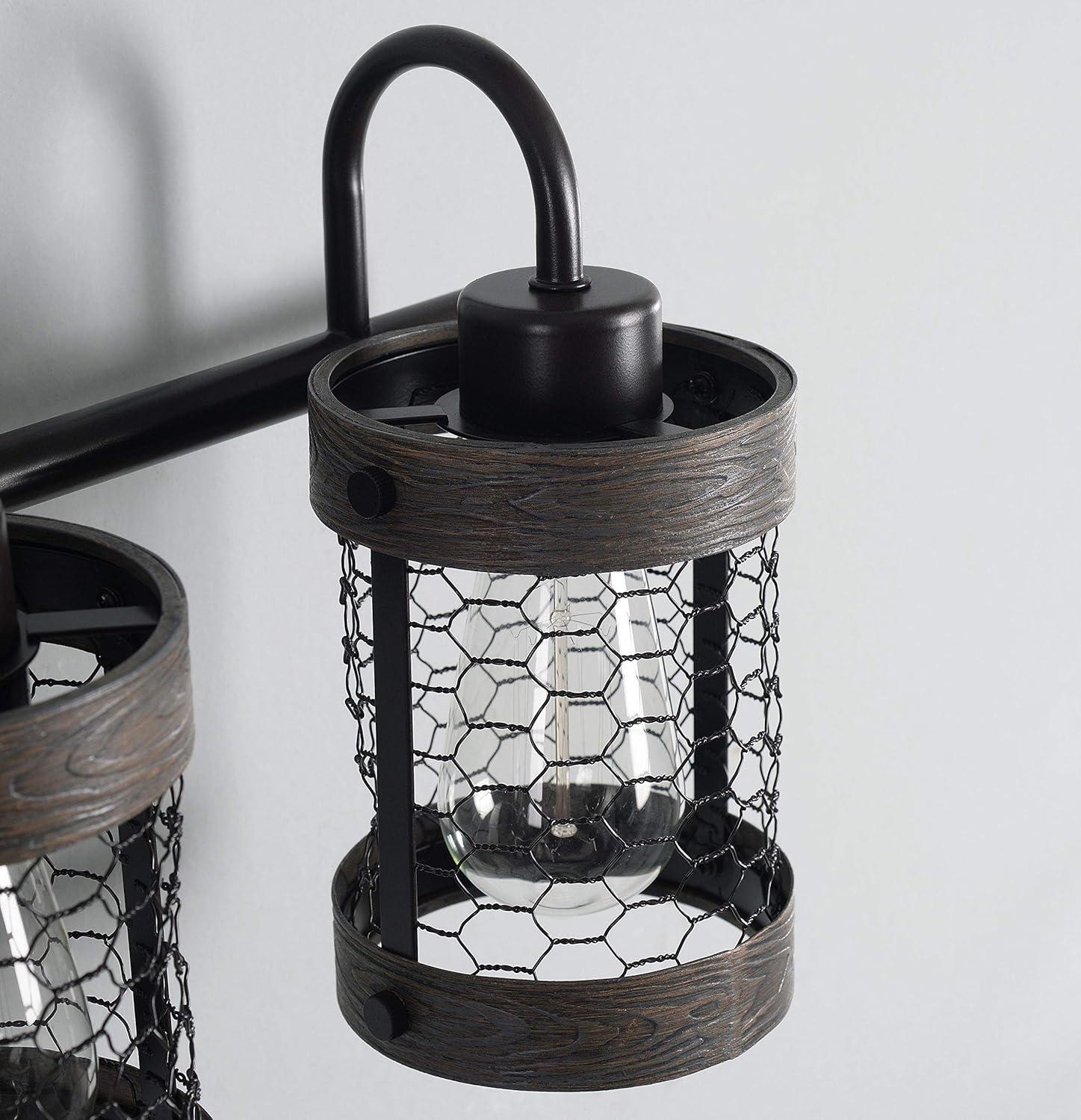 Co-t Kenroy Home Industrial Farmhouse 3-Light Bath Vanity Fixture With Chicken Wire Mesh Shades & Distressed Wood Accents