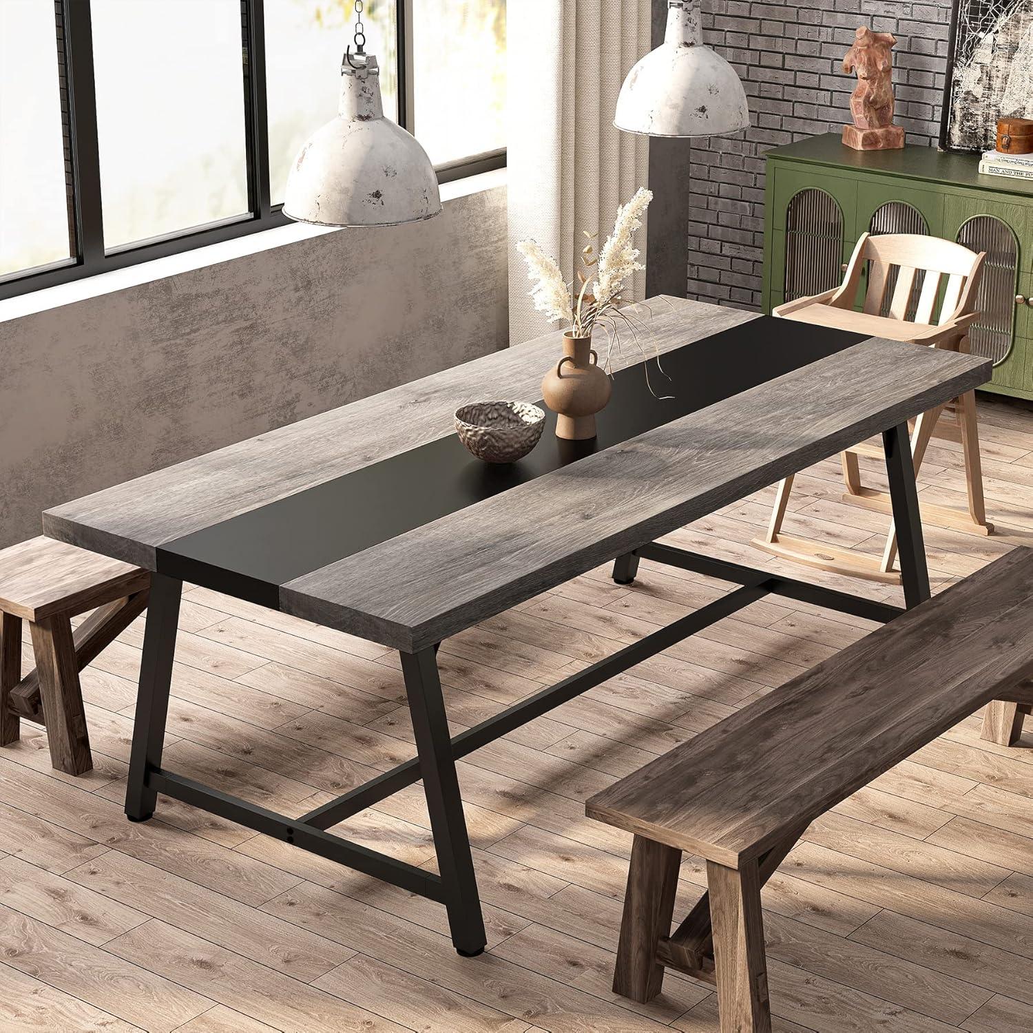 Gray and Black Rectangular Wood Dining Table with Metal Frame for 8