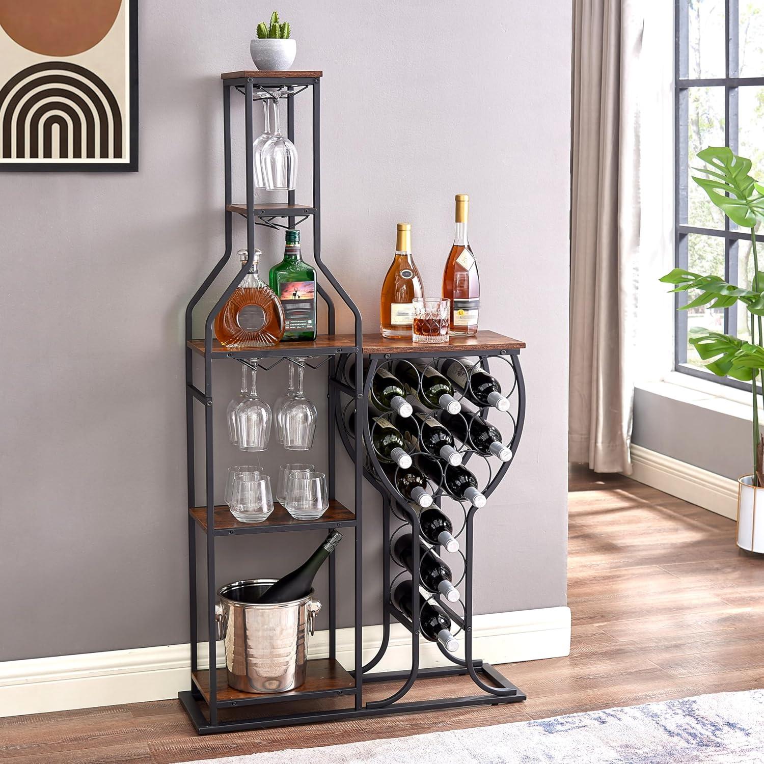 11 Bottle Wine Bakers Rack, 5 Tier Freestanding Wine Rack with Hanging Wine Glass Holder and Storage Shelves, Wine Storage Home Bar for Liquor and Wine Storagefor Kitchen, Dining Room