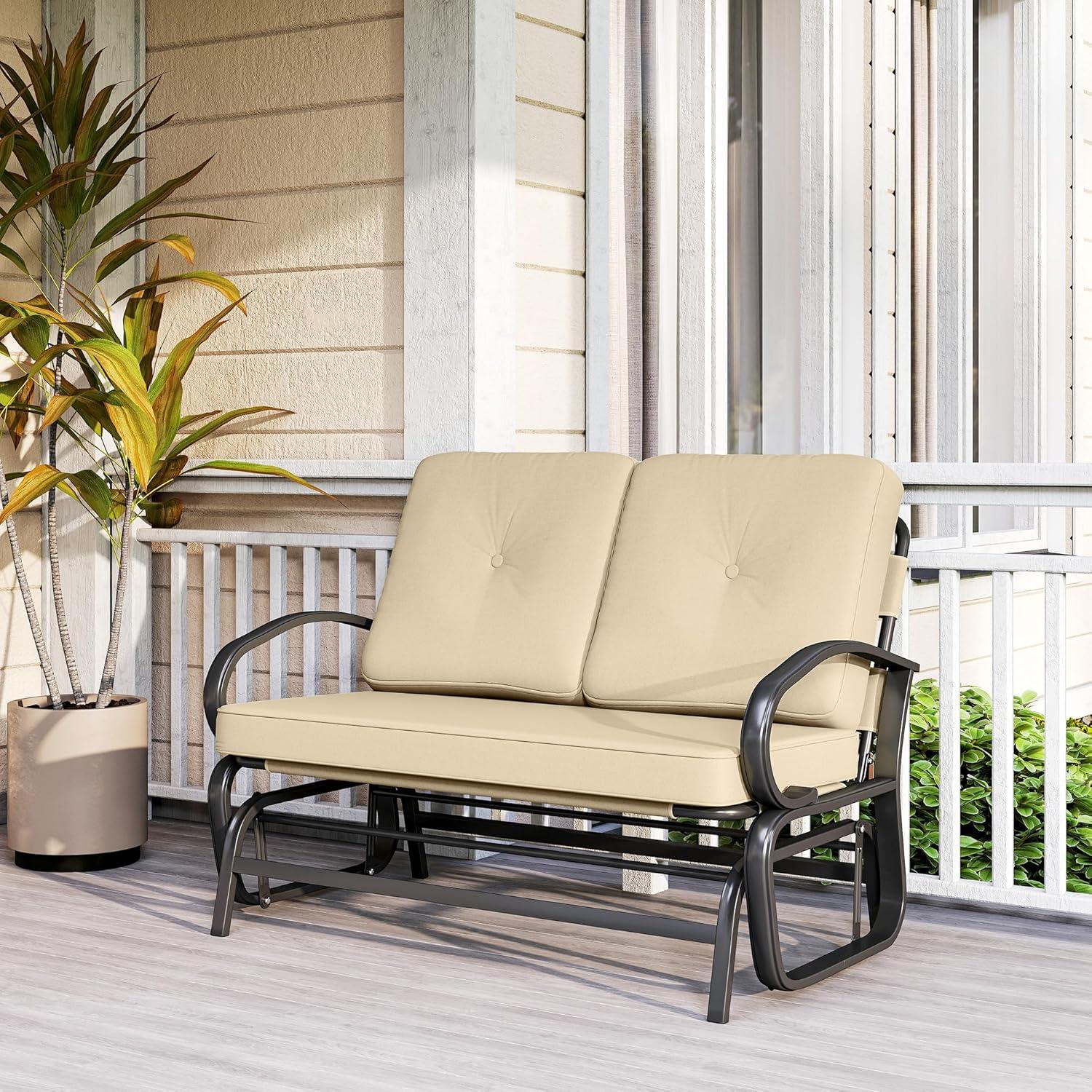 Outsunny Patio Glider Bench with Padded Cushions and Armrests, Outdoor 2-Person Swing Rocking Chair Loveseat with Sturdy Frame, Beige