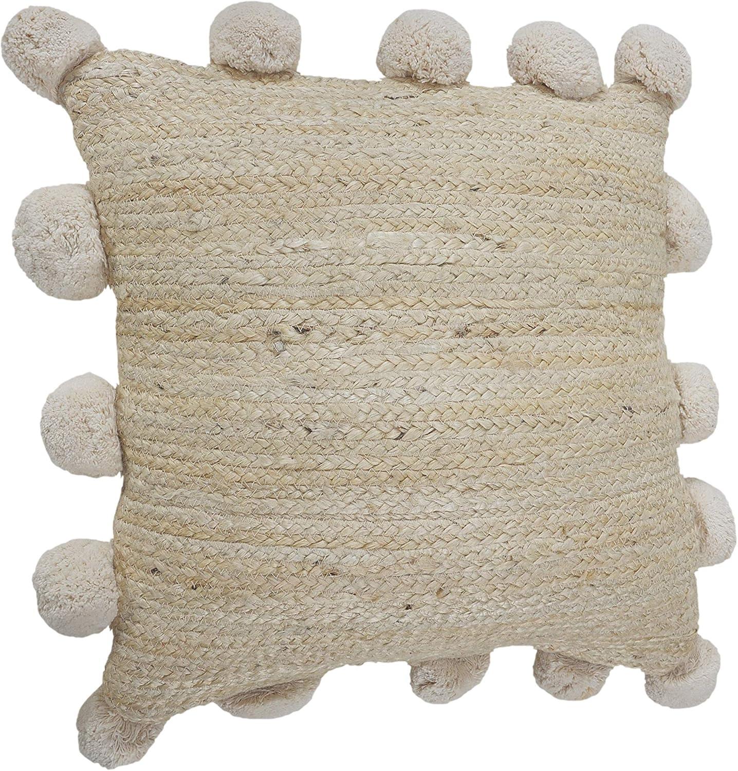 Natural Jute Square Throw Pillow with Pom Pom Border, 20" x 20"