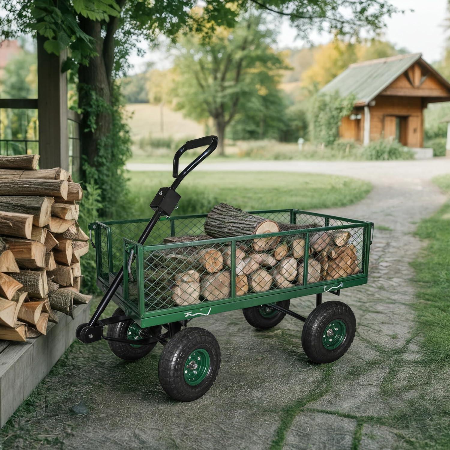 Heavy Duty Green Metal Garden Cart Wagon with Removable Sides