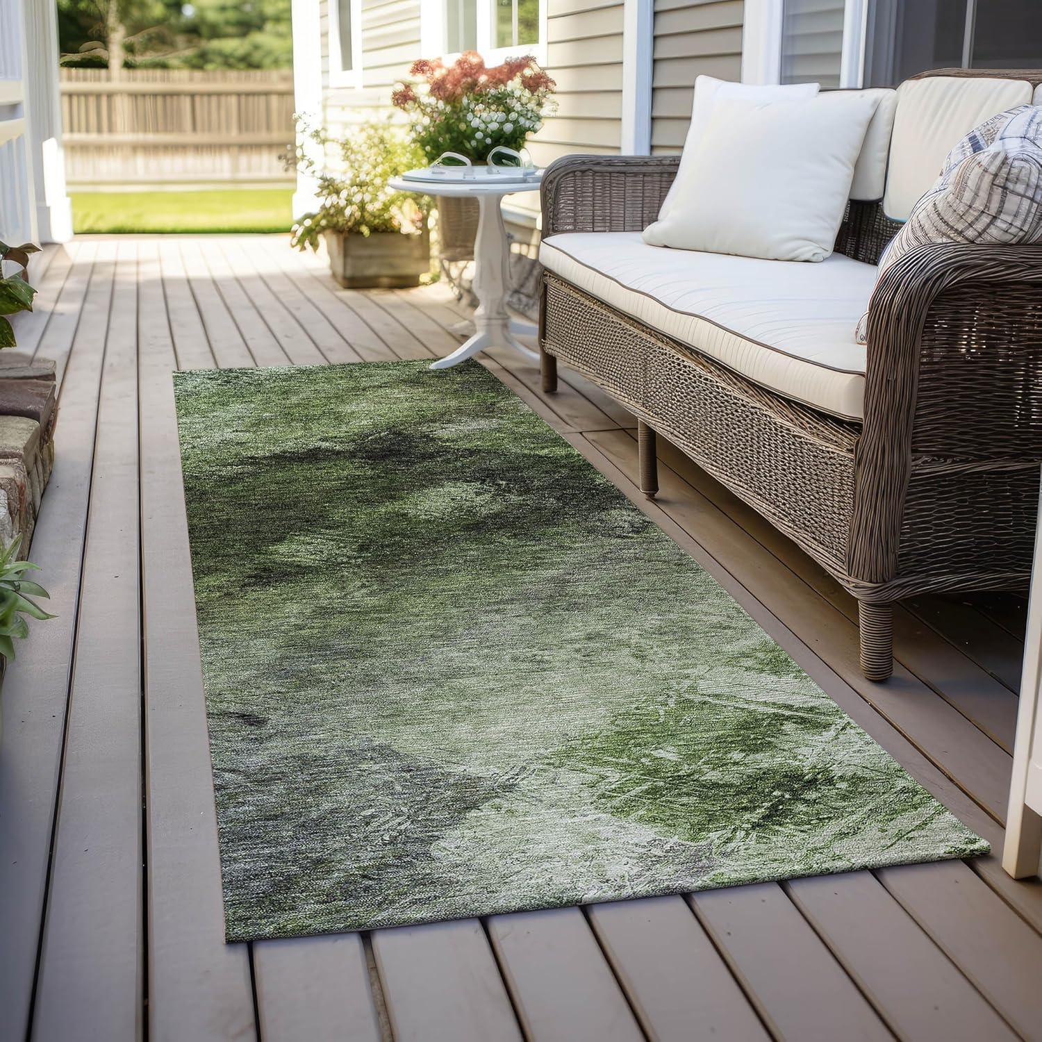 Green Synthetic Flat Woven Reversible Runner Rug