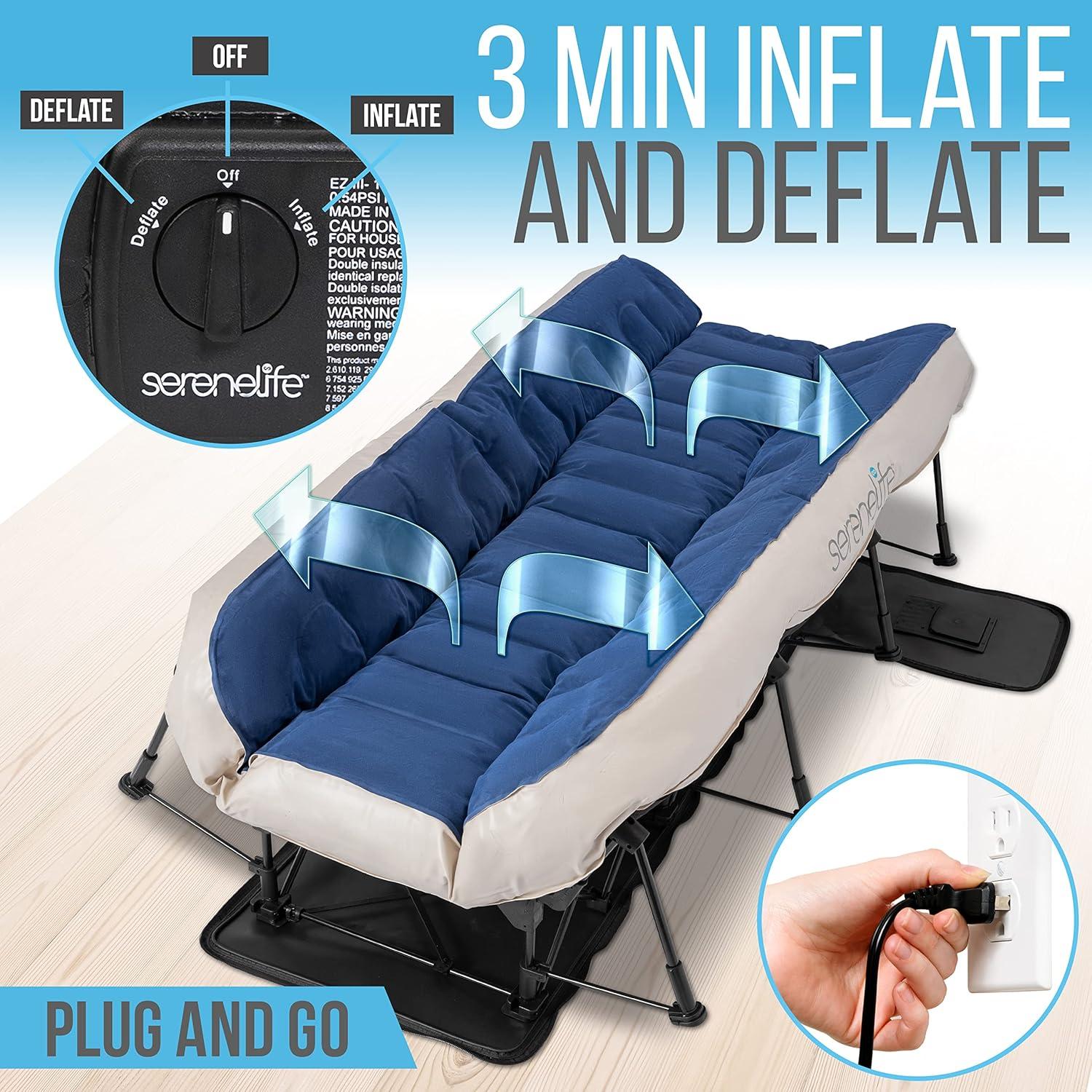 SereneLife EZ Air Mattress with Frame & Rolling Case, Foldable Self-Inflating Air Bed with Built in Pump, Twin