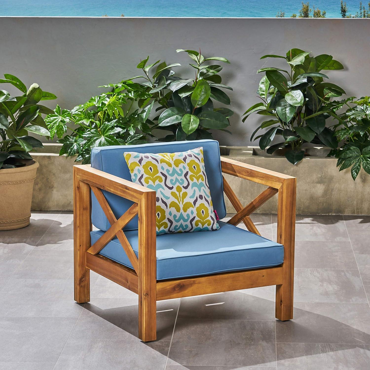 GDF Studio Indira Outdoor Acacia Wood Club Chair with Cushion, Teak Finish and Blue