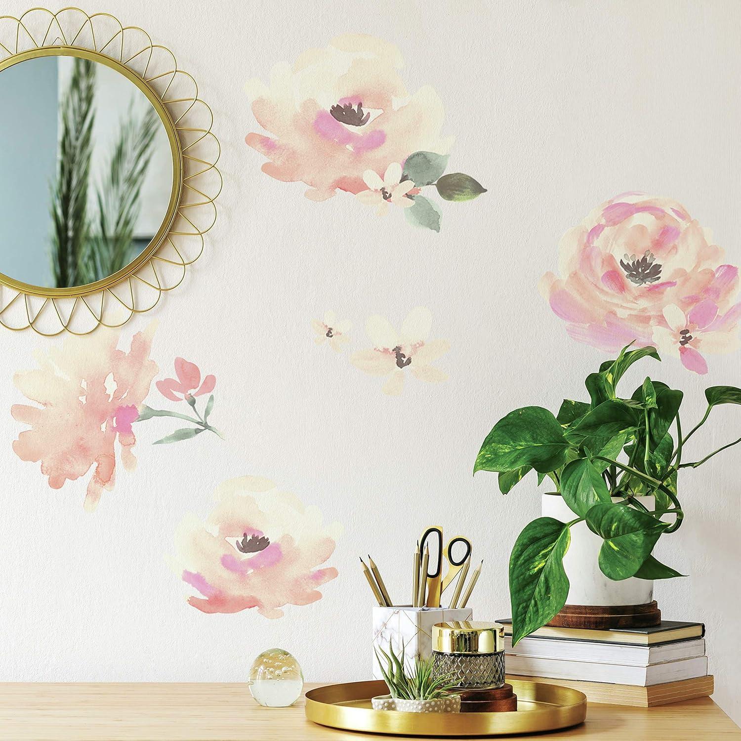 Floral Blooms Pink and Green Vinyl Peel and Stick Wall Decals