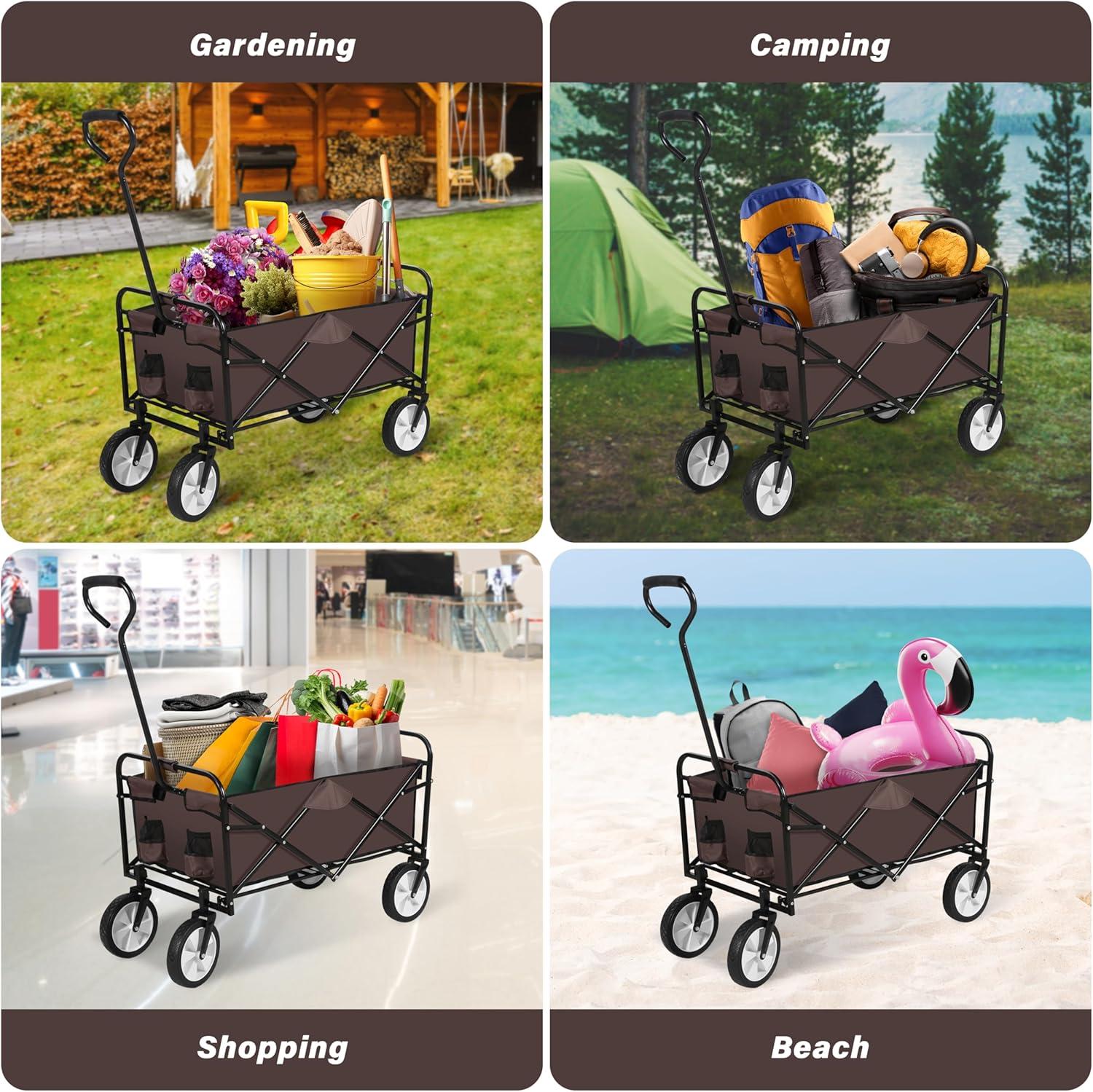 Brown Collapsible Garden Wagon with Swivel Wheels