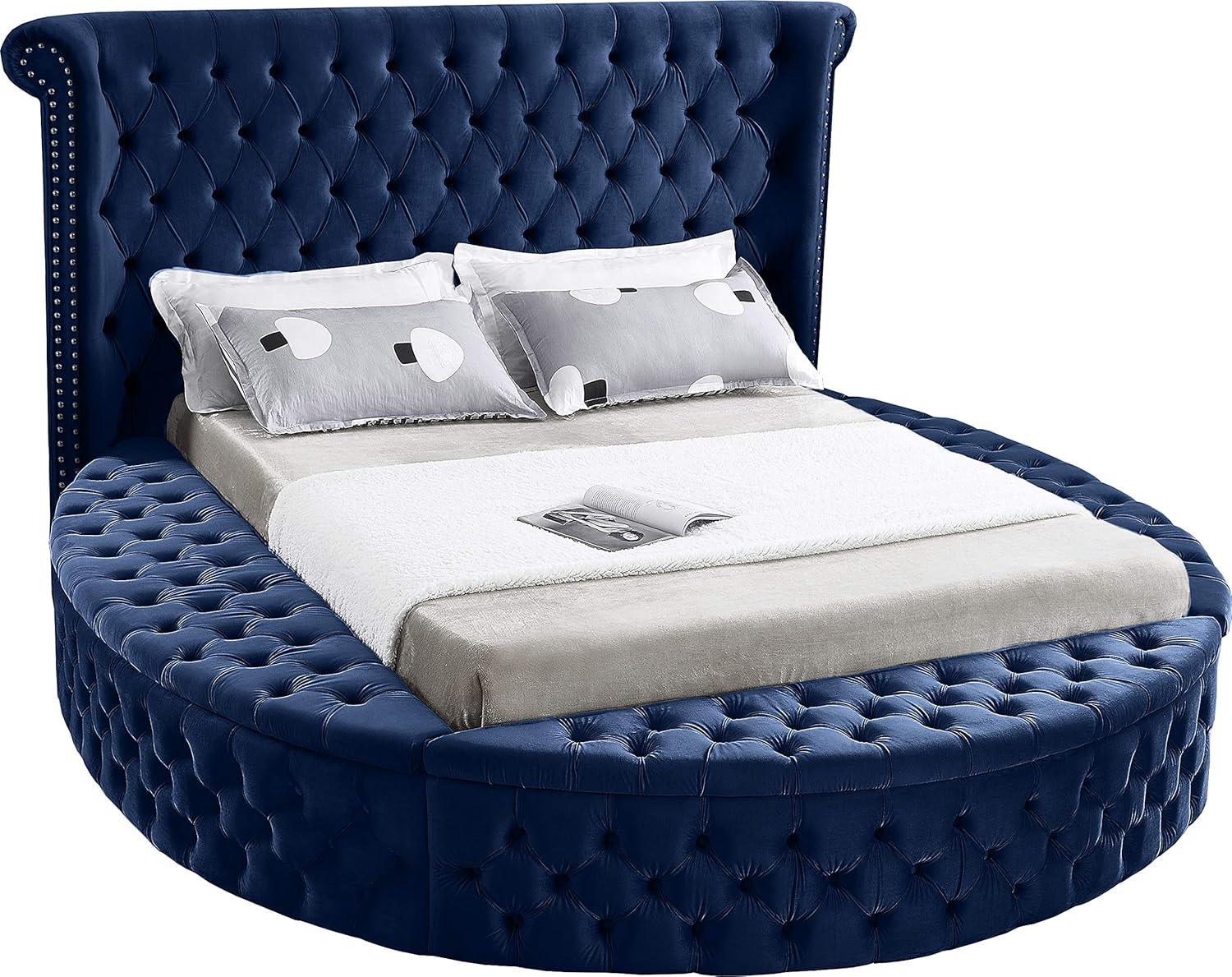 Luxus Navy Velvet Queen Bed with Tufted Upholstered Headboard