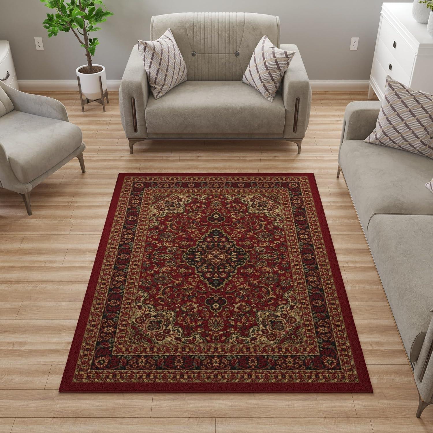 Ottohome Non-Slip Medallion Oriental Area Rug For Living Room, Hallway, Entryway Rug, Dark Red