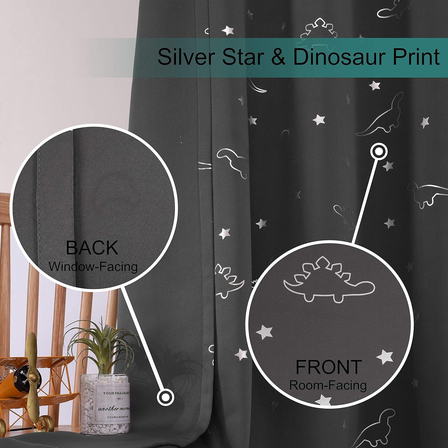 LORDTEX Dinosaur and Star Foil Print Blackout Curtains for Kids Room - Thermal Insulated Curtains Noise Reducing Window Drapes for Boys and Girls Bedroom, 42 x 63 Inch, Grey, Set of 2 Panels