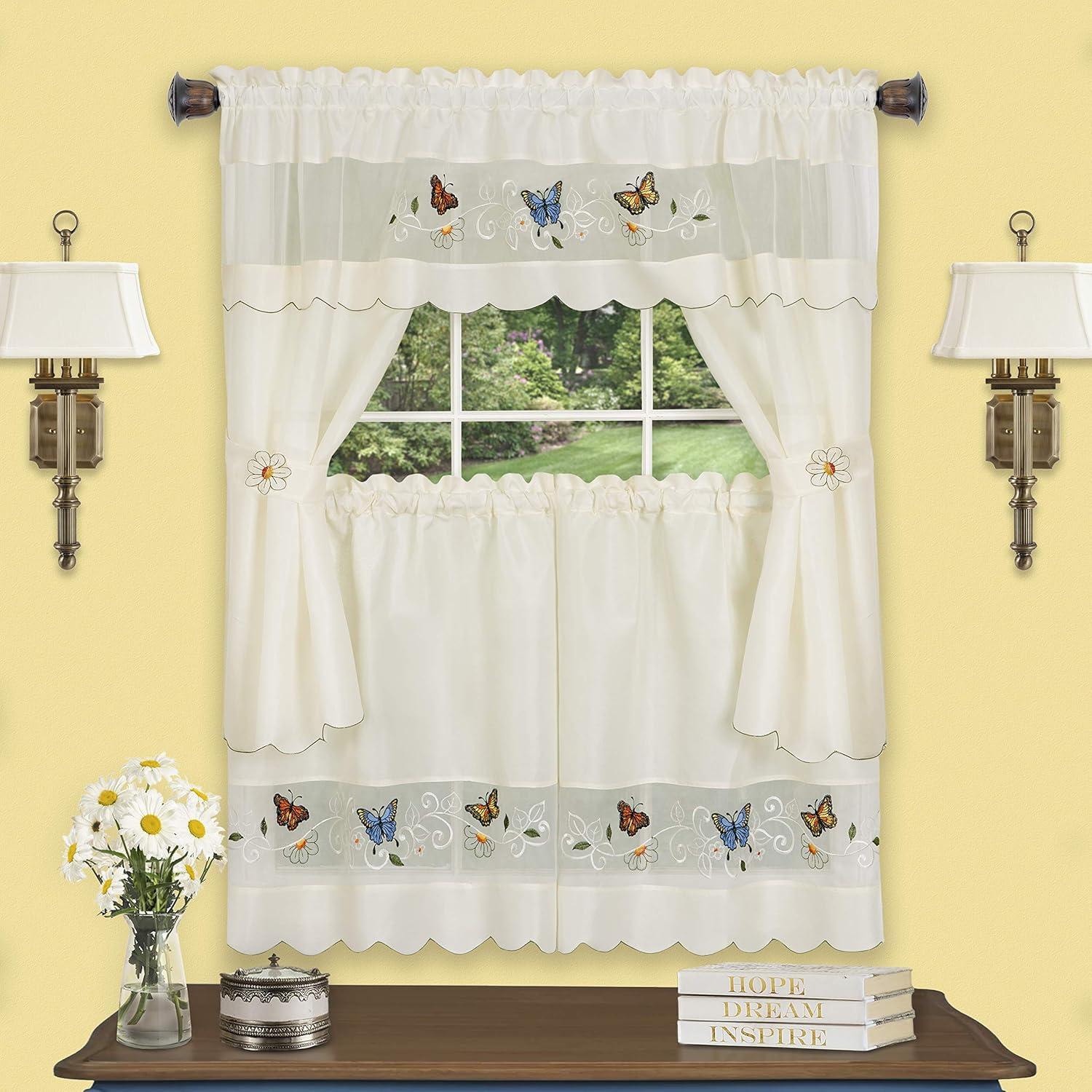 Daisy Meadow Blue Butterfly Embellished Cottage Window Curtain Set