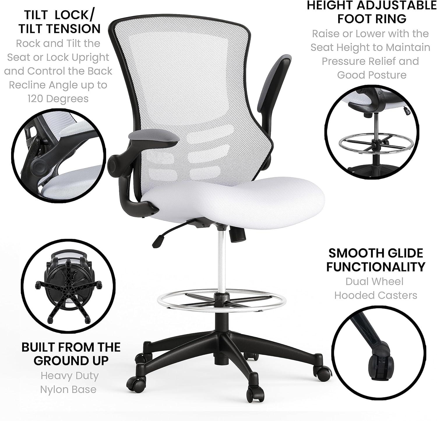 Flash Furniture Mid-Back Mesh Ergonomic Drafting Chair with Adjustable Foot Ring and Flip-Up Arms