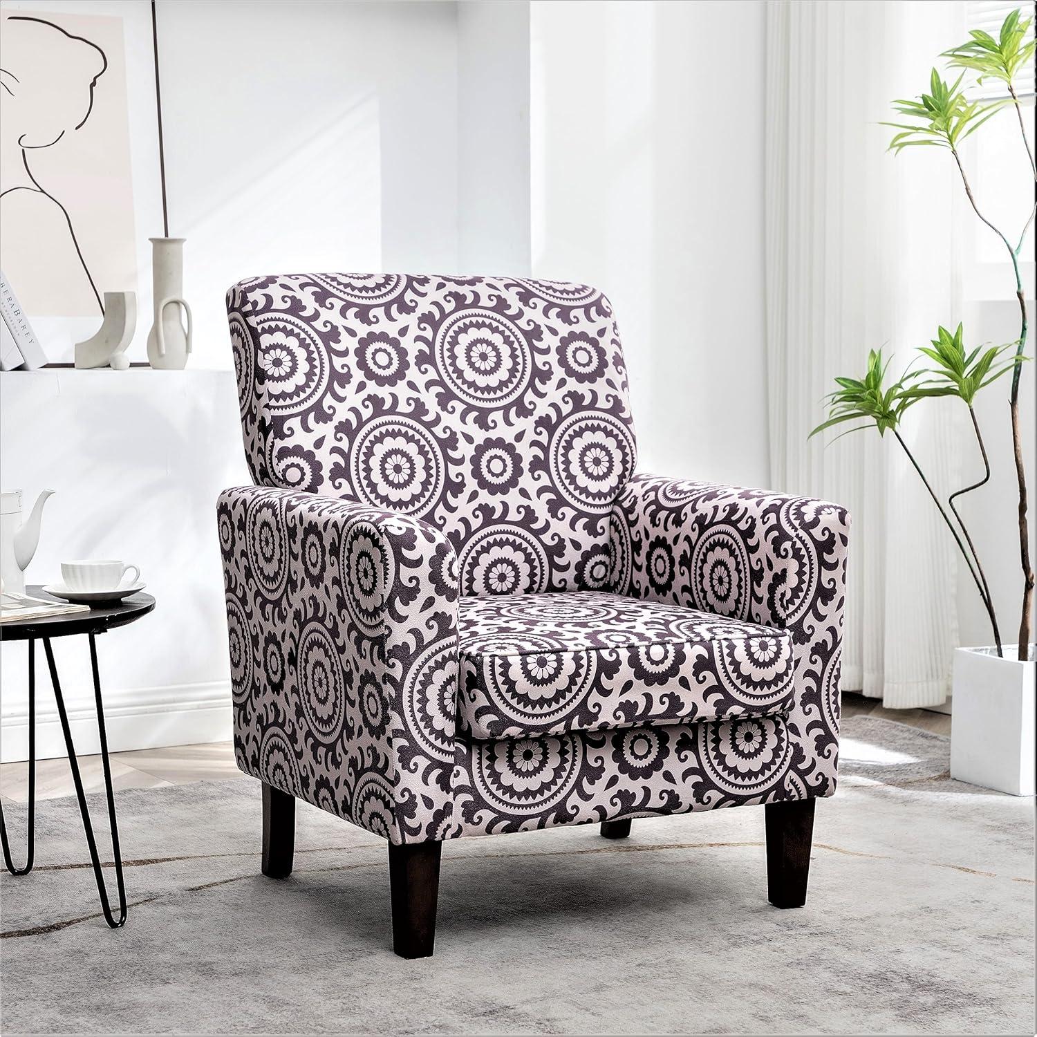 Contemporary Accent Arm Chair with Birch Wood Frame and Velvet Upholstery, Armchair for Office and Living Room Decor, Removable Cushions, 01 Printed Fabric
