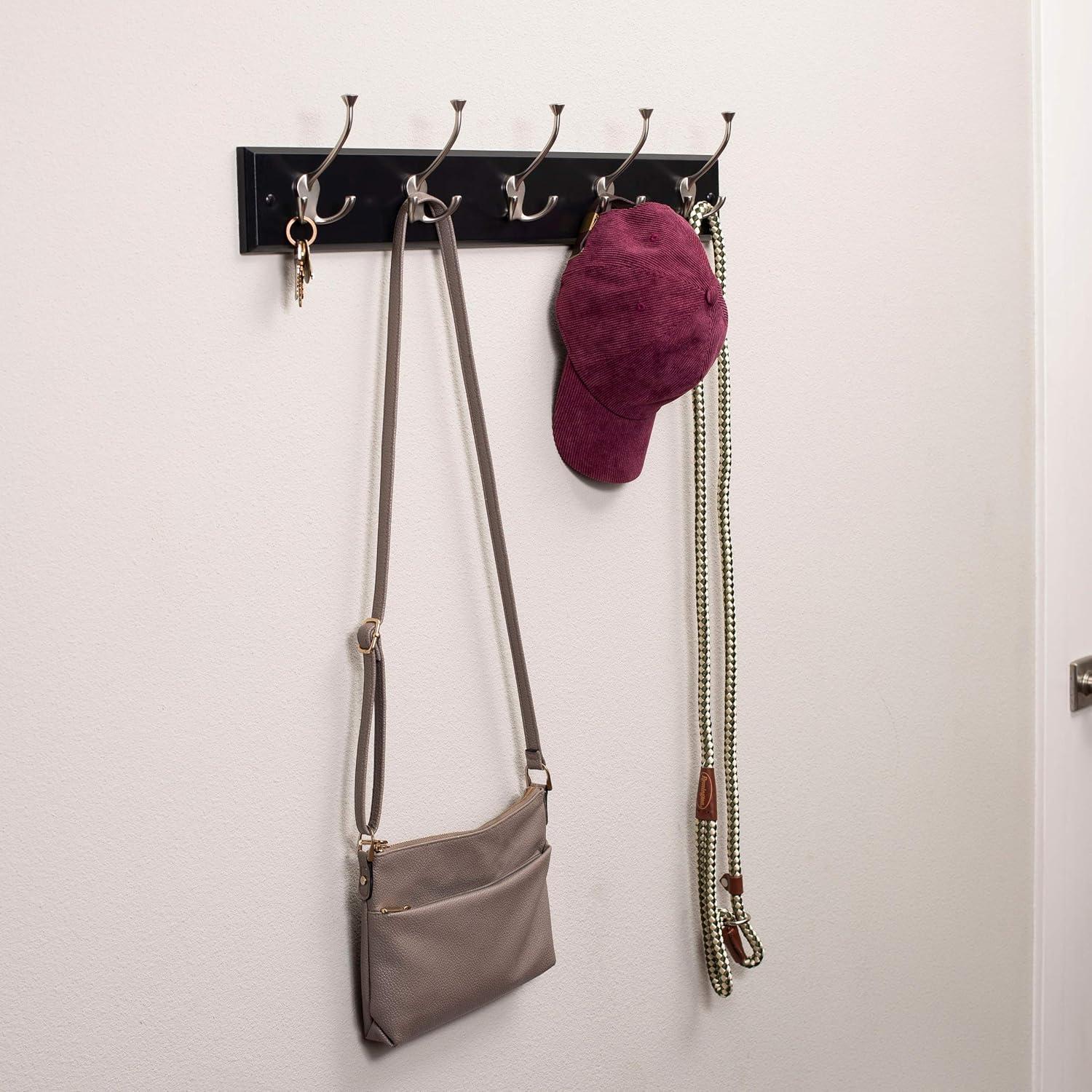 Black Wall Mount Coat Rack with Satin Nickel Hooks