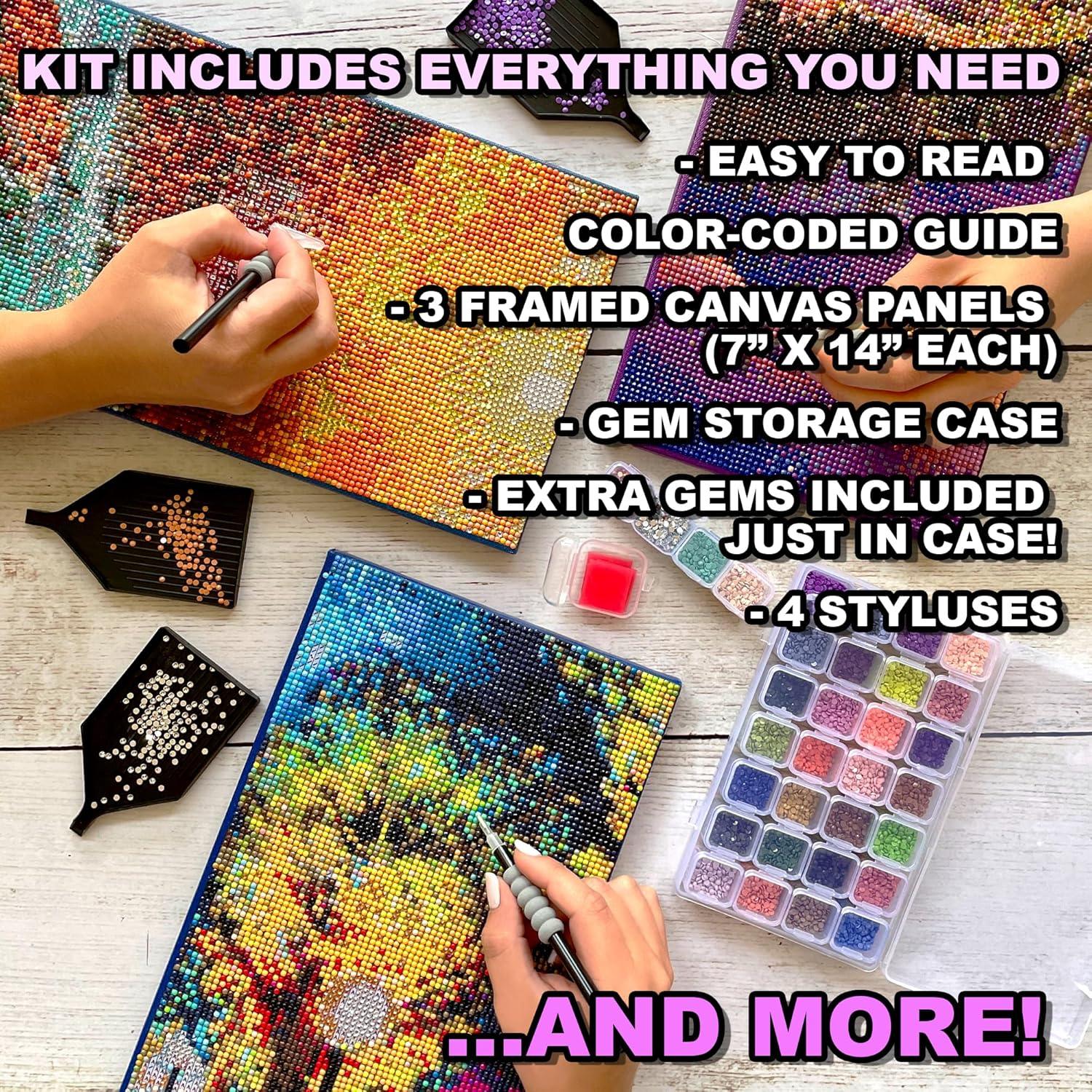 ArtSkills Diamond Painting Kit, Diamond Art Ready to Hang Framed Canvas with Storage and Accessory Kit, Forest, 3 Stretched Canvas Panels, 14” x 7” Each