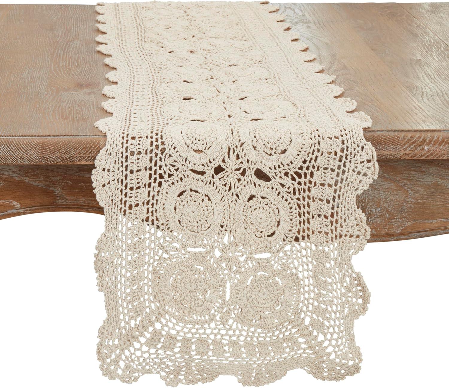 Saro Lifestyle Handmade Crochet Cotton Lace Table Linens, Ecru, 16" x 72"