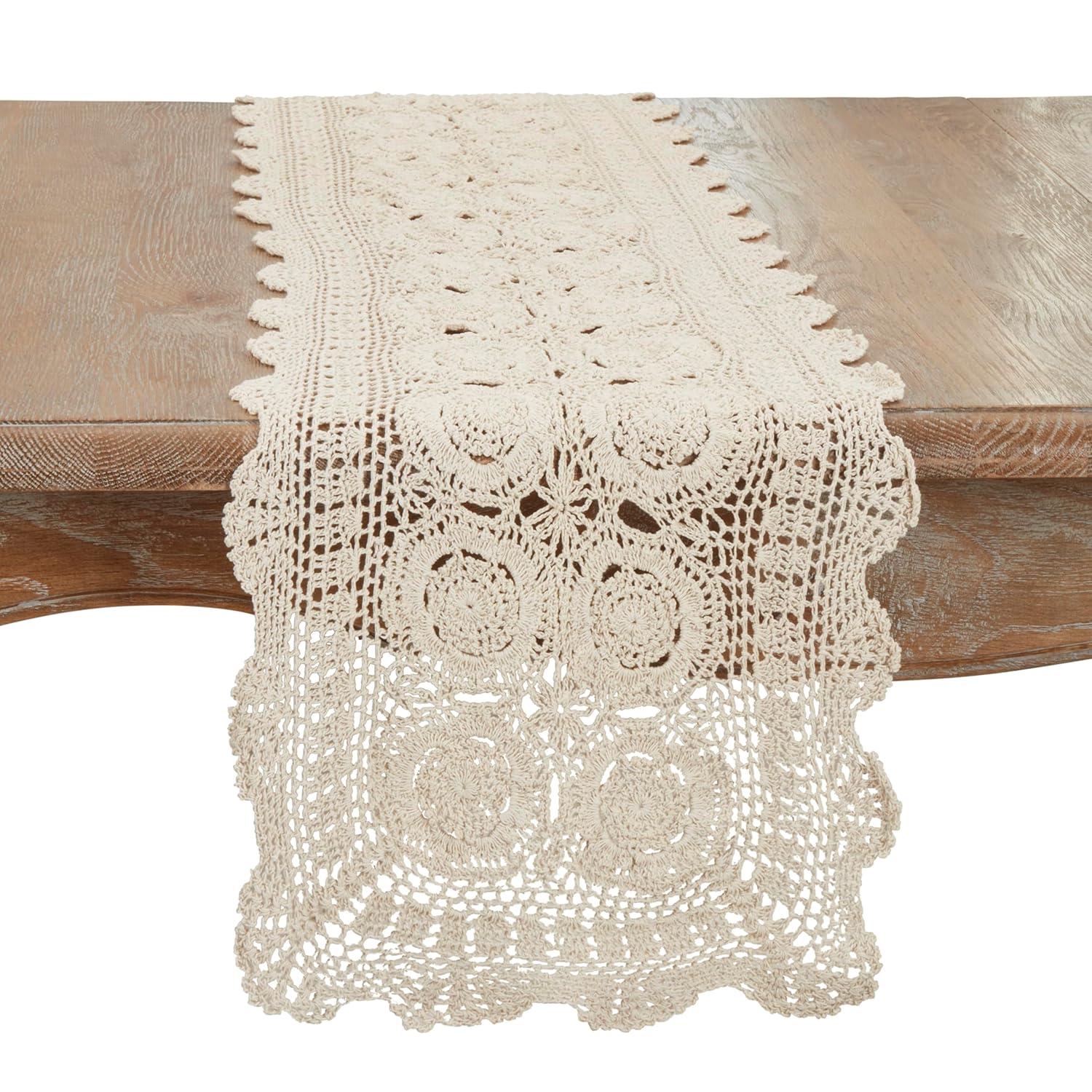 Saro Lifestyle Handmade Crochet Cotton Lace Table Linens, Ecru, 16" x 72"