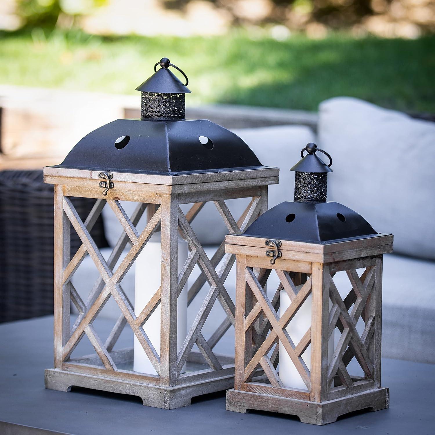 Stonebriar Collection Set of 2 Wooden and Metal Hurricane Candles Lantern Brown : Indoor/Outdoor, Pillar Compatible