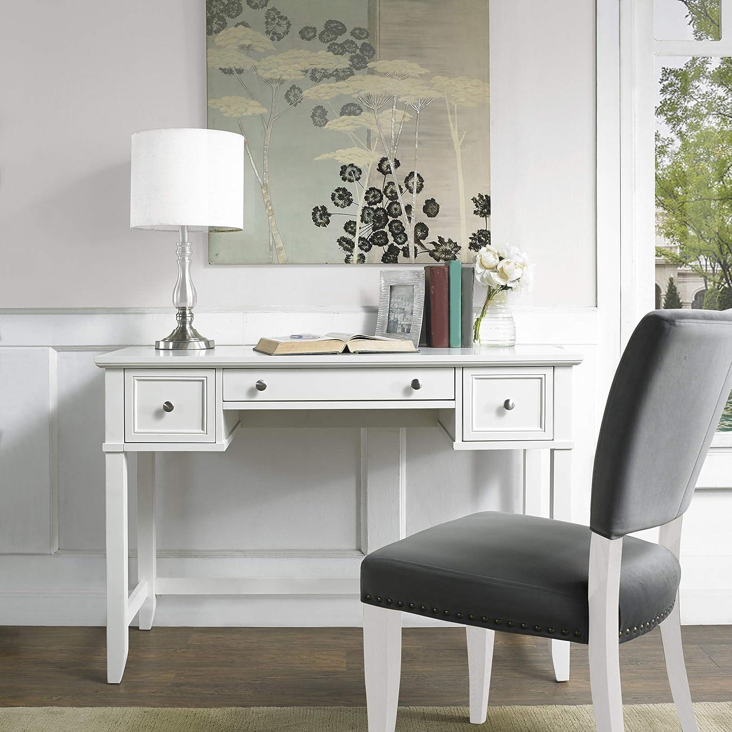 Vista Desk White - Crosley: Solid Hardwood, Traditional Design, 3 Storage Drawers, Brushed Nickel Hardware