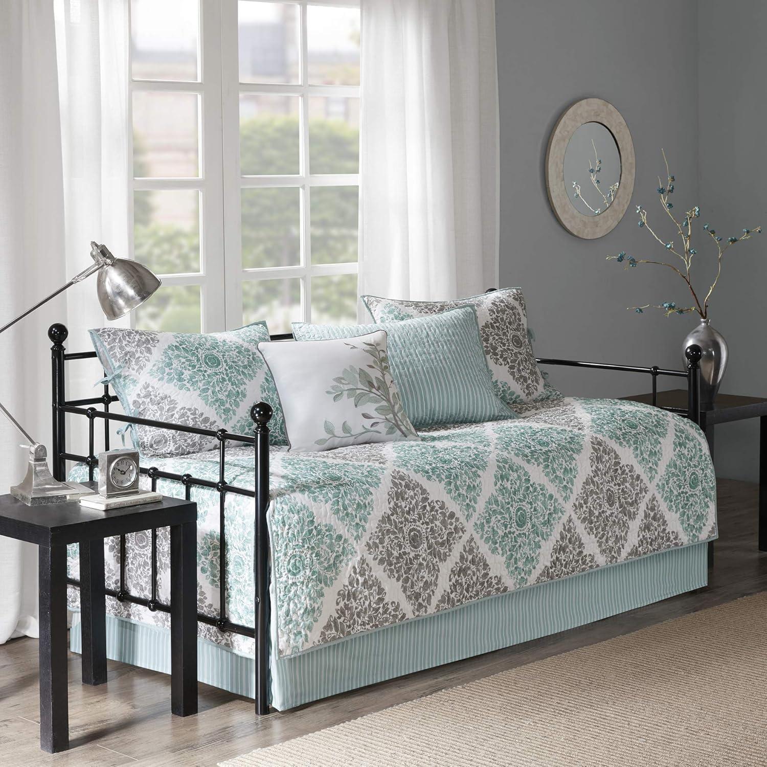 Aqua and Gray Floral Reversible Microfiber Daybed Set