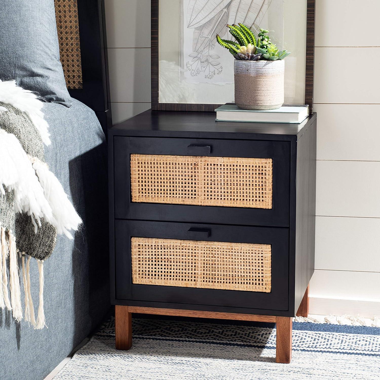 Erica Coastal Black Wood with Natural Rattan 2-Drawer Nightstand