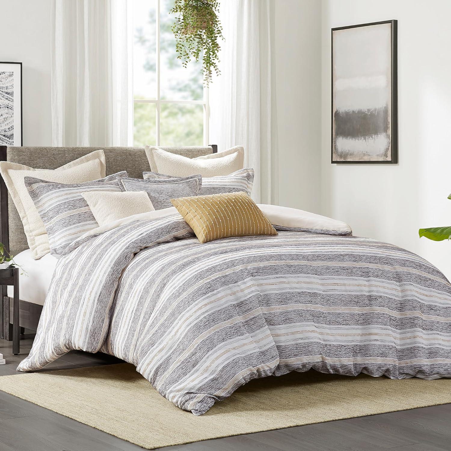 Oasis Oversized Chenille Jacquard Striped Comforter Set With Euro Shams And Throw Pillows