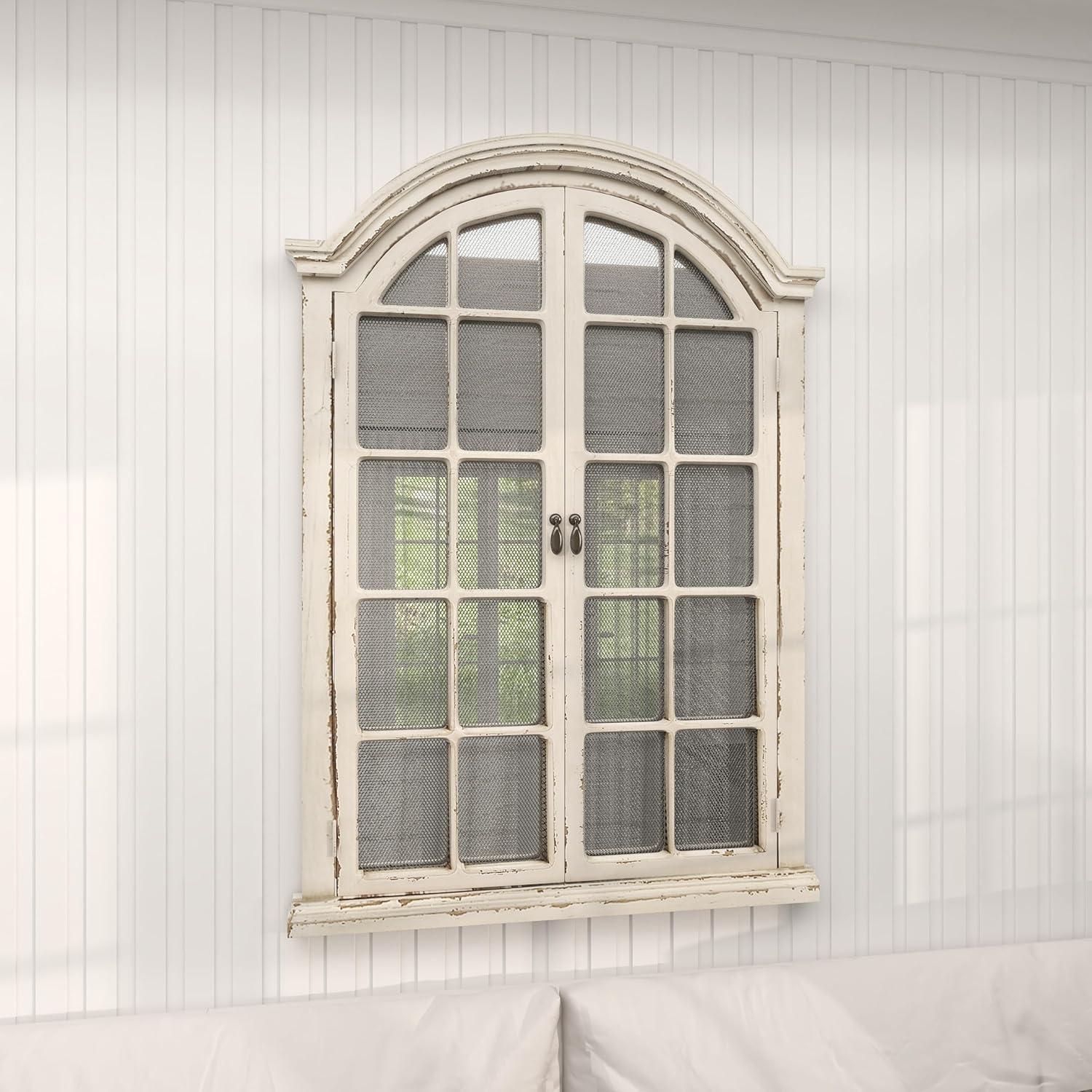 Edmondson Cream Wood Window Panes Inspired Wall Mirror w/ Arched Top and Distressing