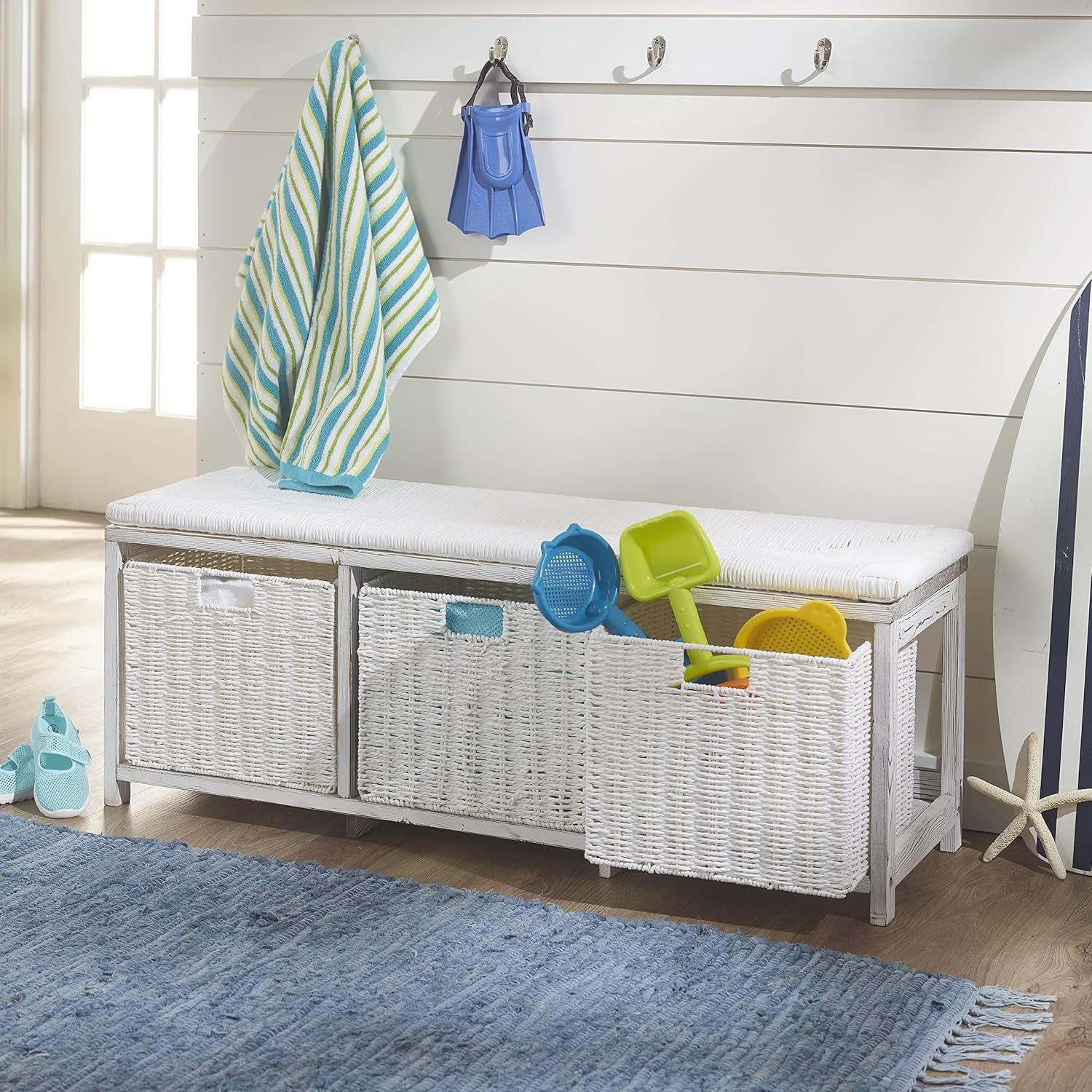 Kid''s Storage Bench With Woven Top And Baskets