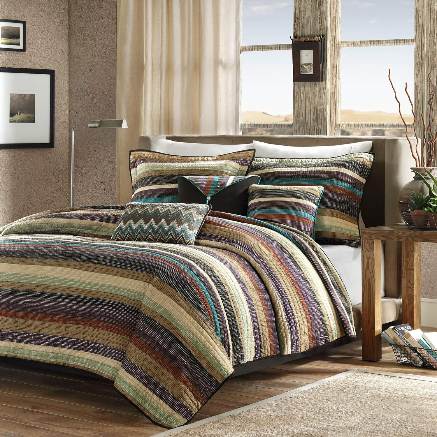 Madison Park 5pc Twin/Twin Extra Long Reyes Reversible Quilted Coverlet Set Purple/Cream/Black: Microfiber Stripe Design with Decorative Pillows