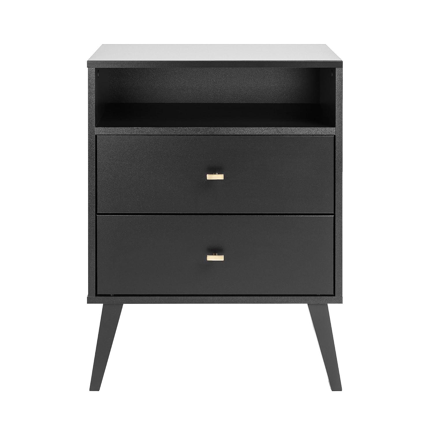 Mid Century Modern 2 Drawer Tall Nightstand with Shelf Black - Prepac: Brushed Brass Knobs, Wood Legs