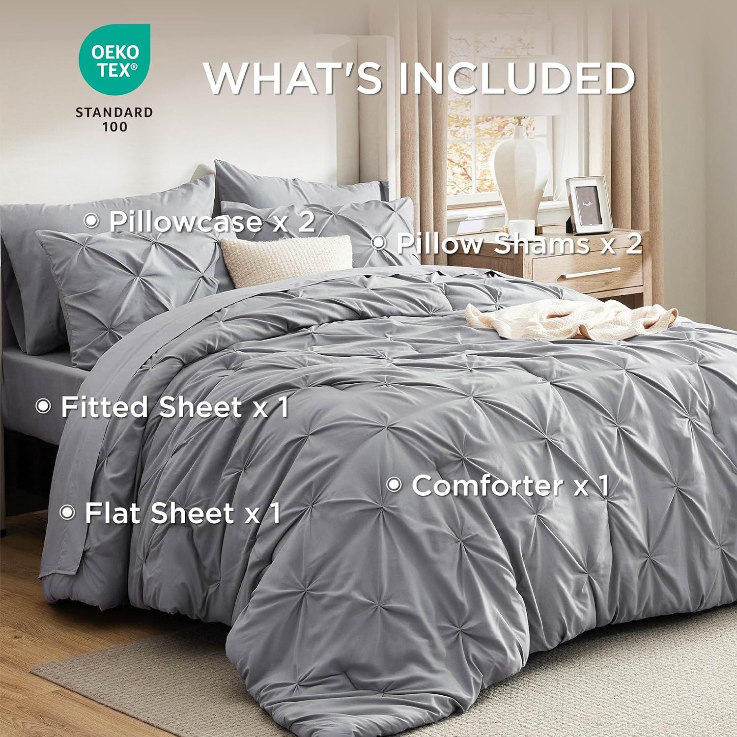 Queen Comforter Set - Bed in a Bag Queen 7 Pieces, Pintuck Bedding Sets Grey Bed Set with Comforter, Sheets, Pillowcases & Shams