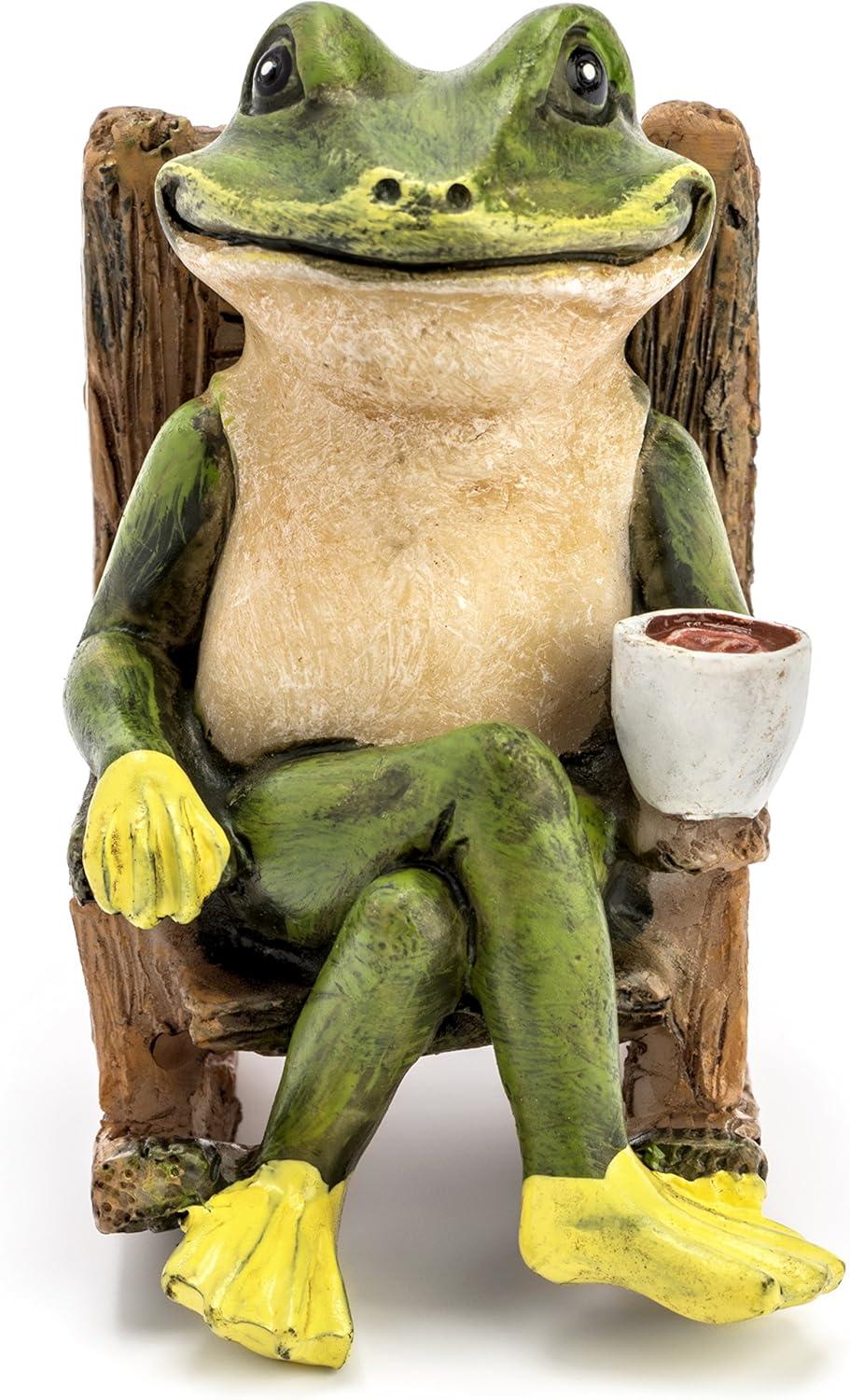 Miniature Green Frog Garden Statue with Coffee Cup